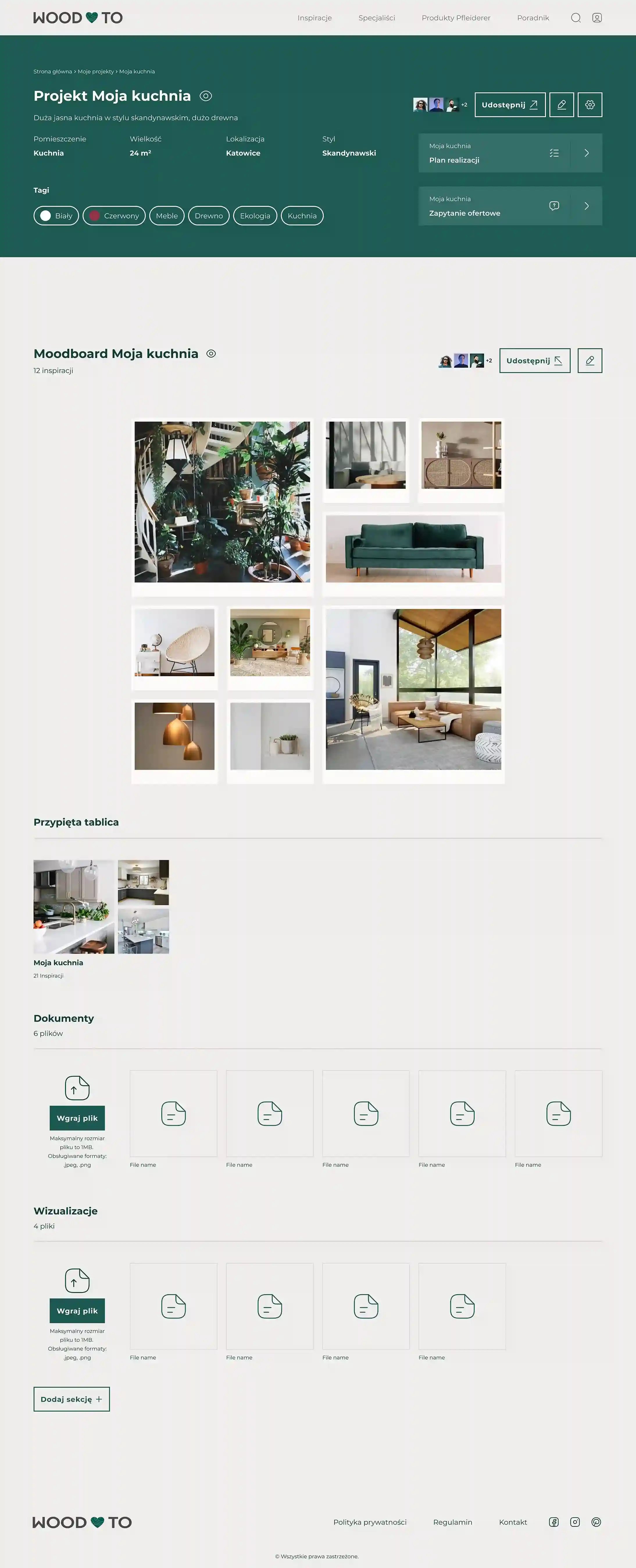 Widok całego projektu na Platformie Woodlove.to z dodanymi szczegółami, jak kolor, dokumentacja, rozmiar wnętrza.
