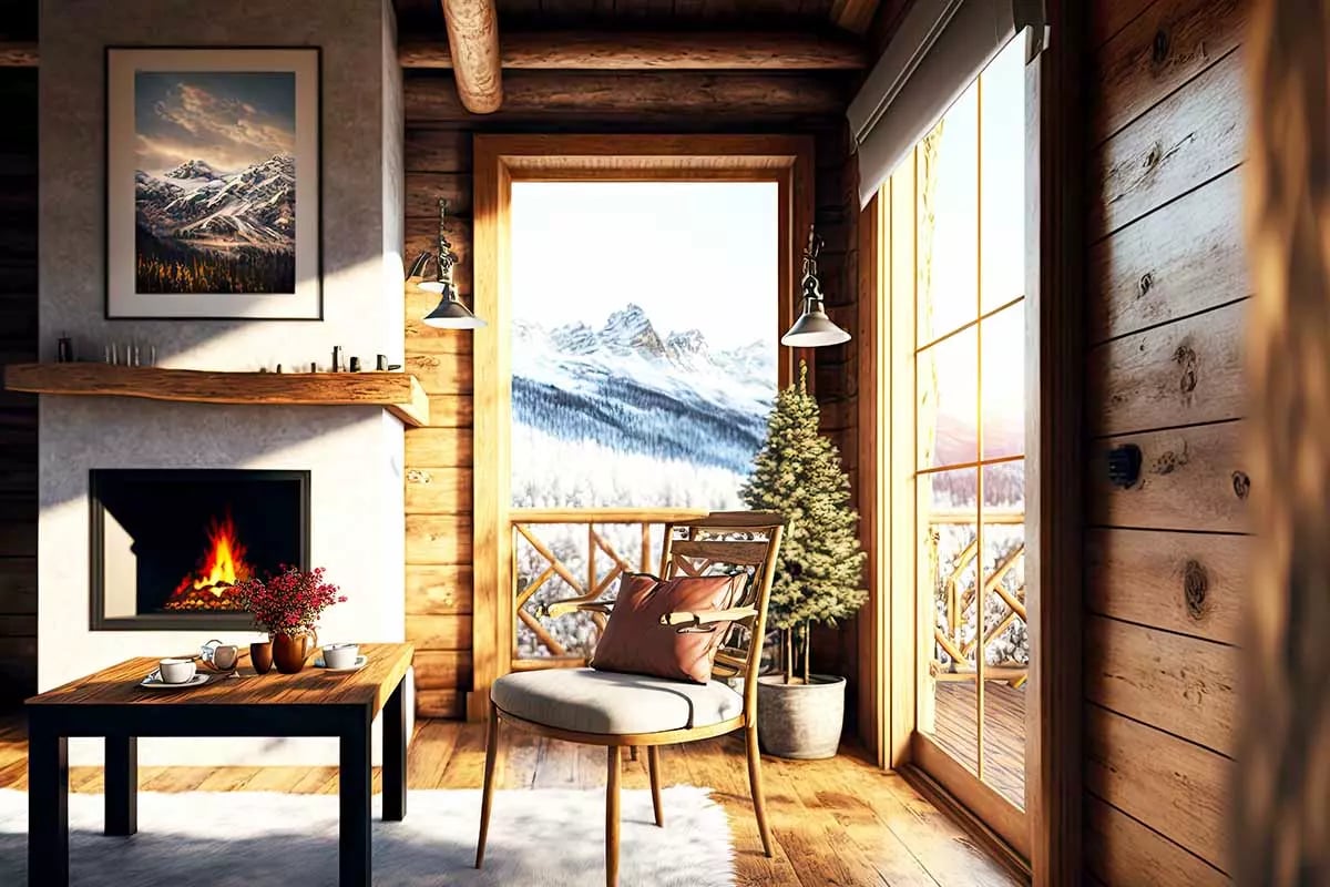 Wnętrze domku w górach. Dużo elementów drewnianych. Stolik i krzesło na tle kominku. Z okna widok na góry.