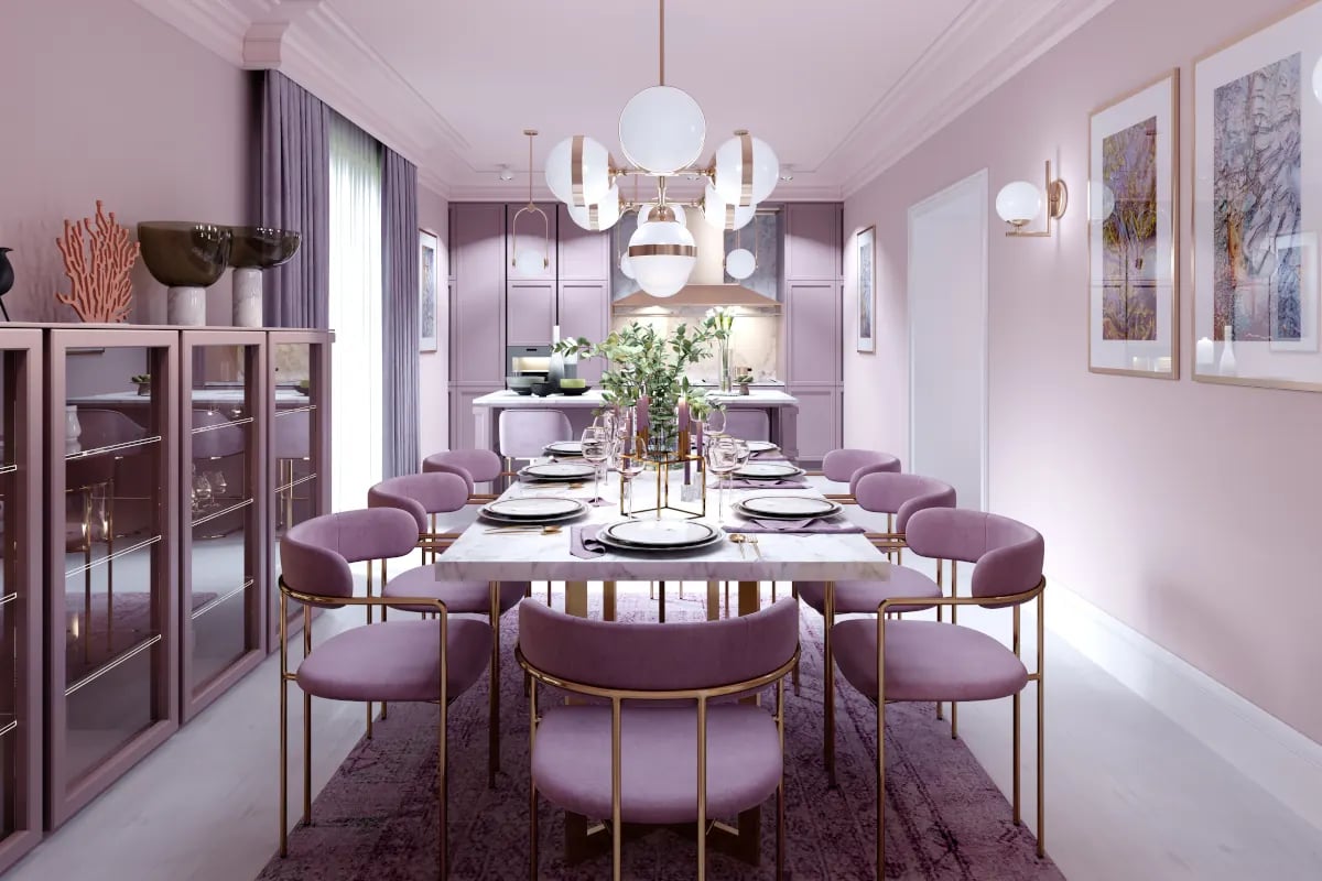 Kuchnia z jadalnią. Kuchnia w odcieniach fioletu. Duży stół z nakryciami oraz krzesła z obiciami materiałowymi.