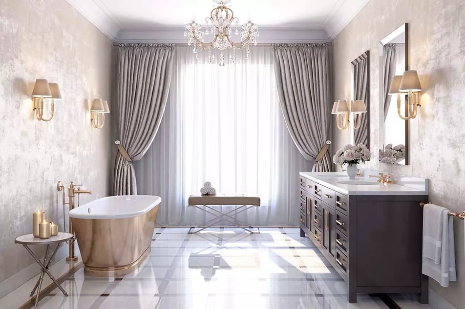 Klasyczna łazienka z wolnostojącą wanną w kolorze miedzianym. Z boku szafka z umywalką oraz lustrem.