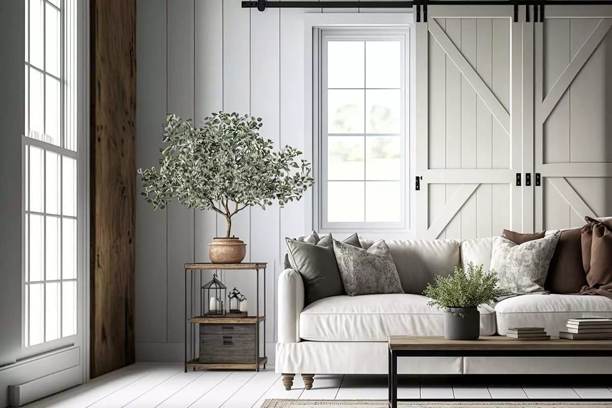 Kanapa z poduszkami w salonie w stylu rustykalnym. Wnętrze połączenie bieli, szarości oraz drewna. Obok łóżka stoi stoliczek z donicą z drzewkiem,