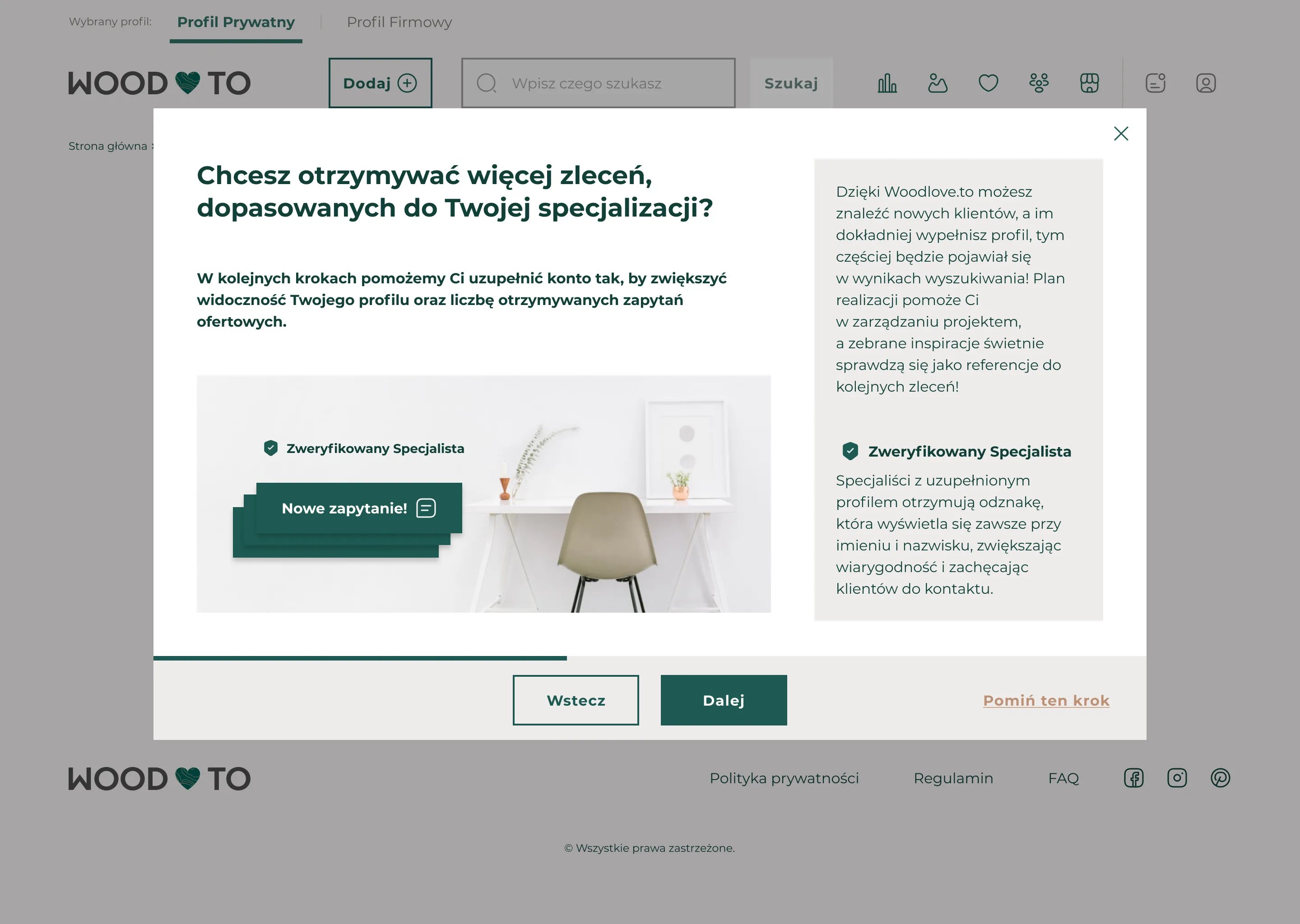Okienko na Platformie Woodlove.to, które pokazuje, co należy uzupełnić na swoim profilu, aby zyskać więcej Klientów.