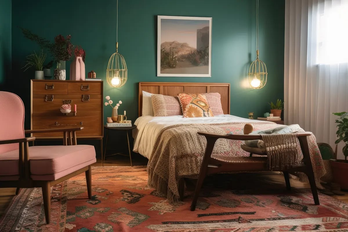 Sypialnia ze ścianą w kolorze zielonym. Łóżko z poduszkami przykryte narzutą. W pomieszczeniu również znajduję się fotel oraz stara komoda. Z boku łóżka są dwie wiszące lampy.
