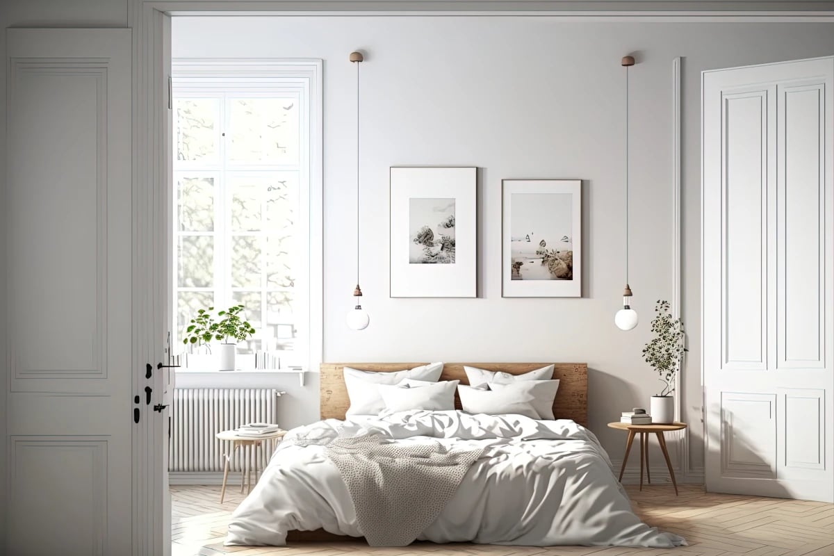 Łóżko z drewnianym oparciem. Pościel oraz poduszki w kolorze białym. Nad łóżkiem zawieszone dwa obraz i dwie lampy.