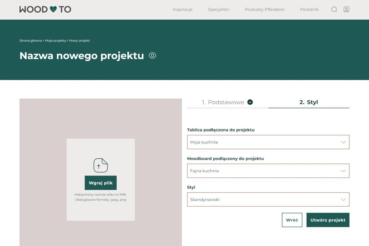 Proces dodawania nowego projektu w platformie Woodlove.