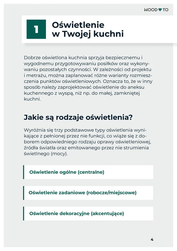 Screen z fragmentem e-booka dotyczącego rodzajów oświetlenia: centralne, robocze/miejscowe i akcentujące. 