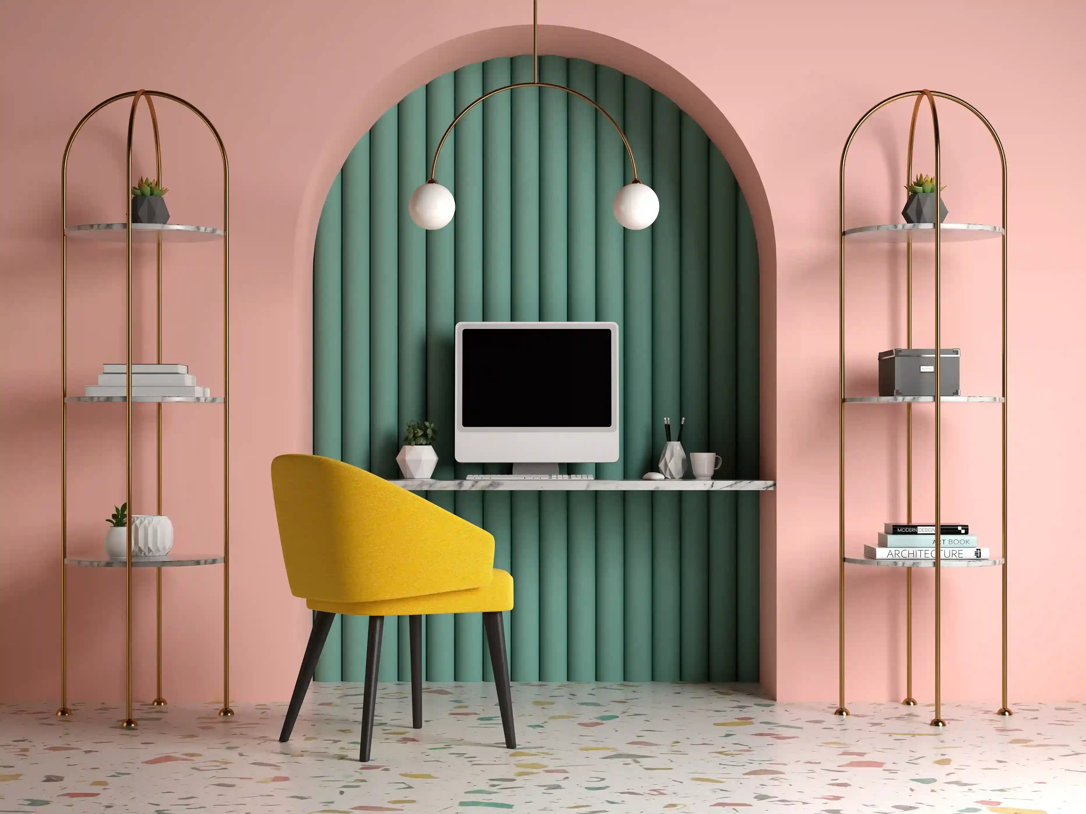 Gabinet w stylu nowoczesnym w różowo-zielonym kolorze. Na blacie stoi komputer, a przed blatem stoi żółte krzesło.