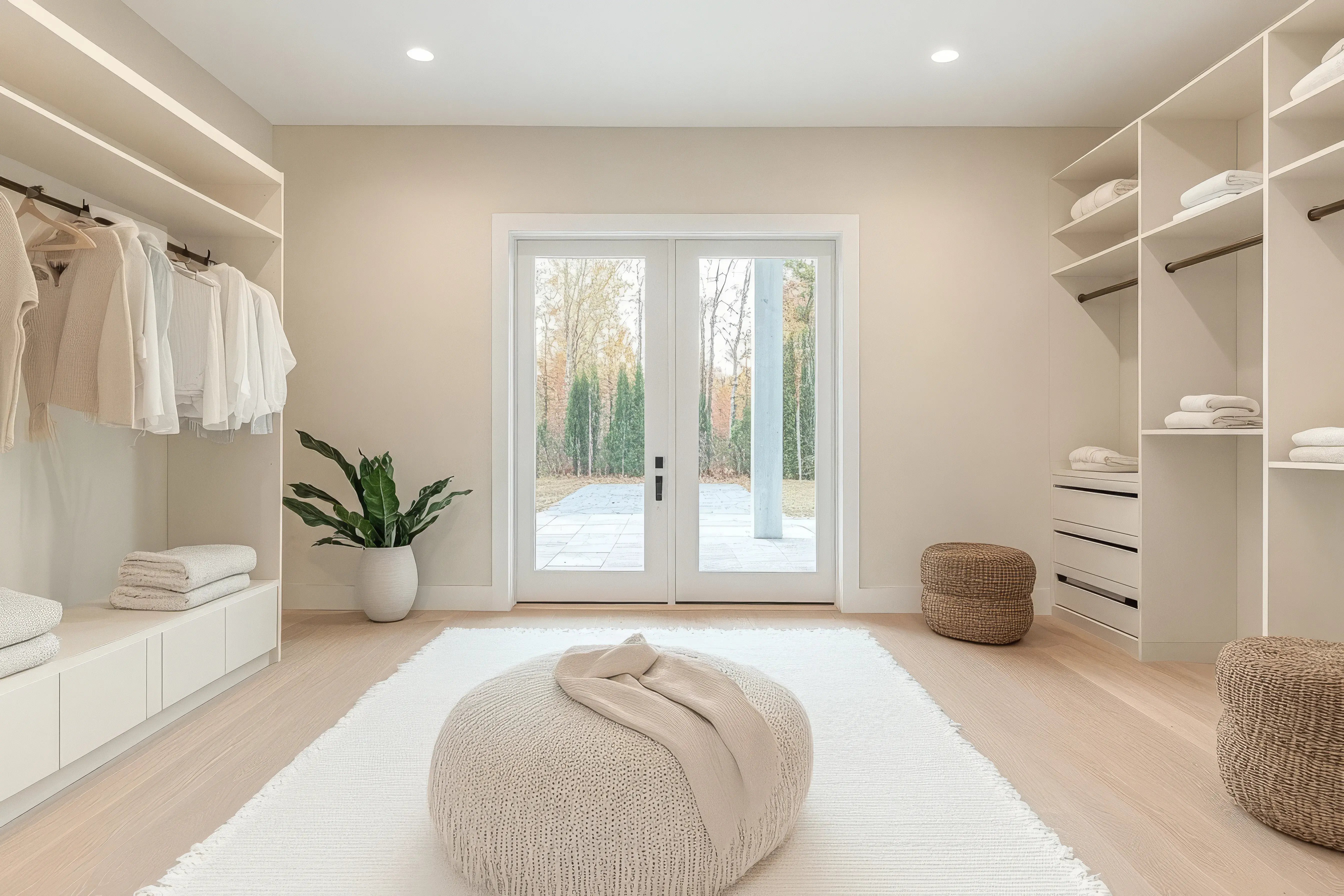 Duża otwarta garderoba w stylu skandynawskim z regałami na ubrania po dwóch stronach pomieszczenia.