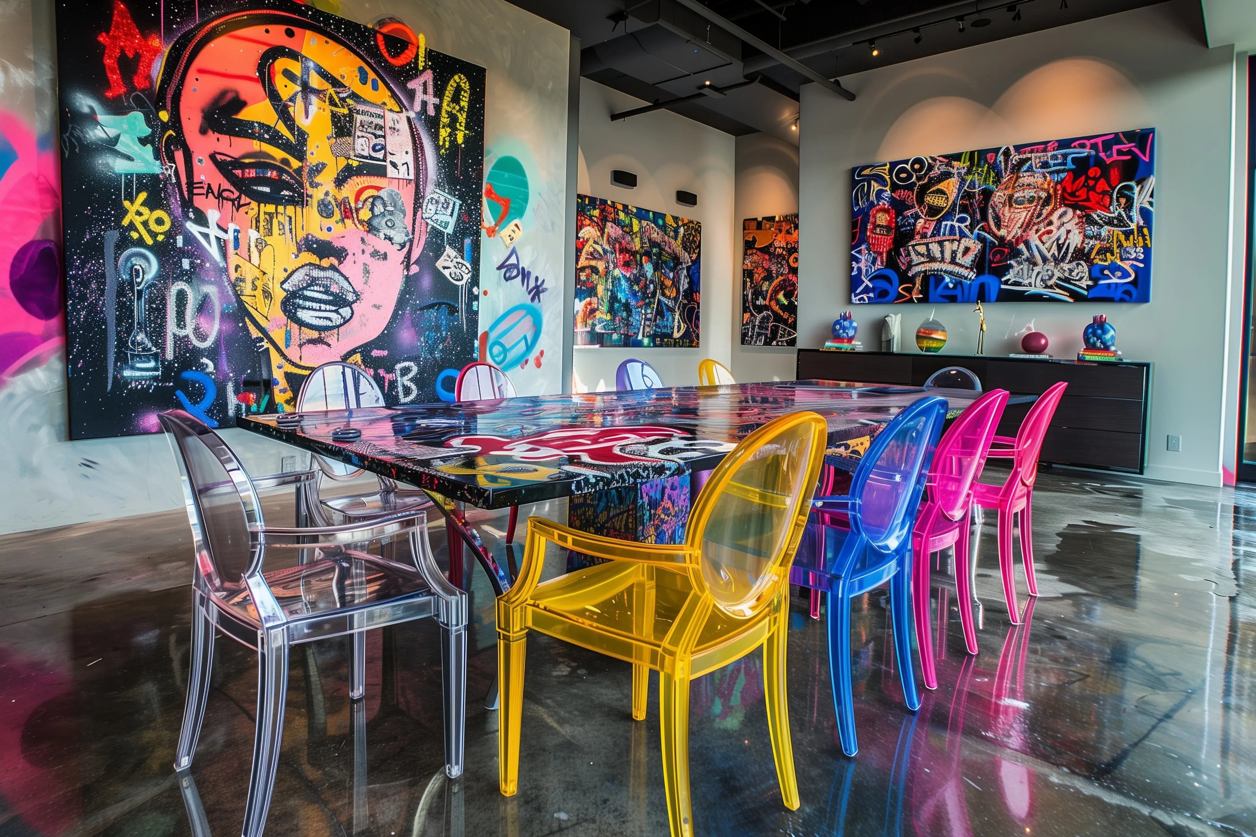 Jadalnia w stylu pop art z obrazami w stylu graffiti, czarnym stołem i kolorowymi plastikowymi krzesłami.