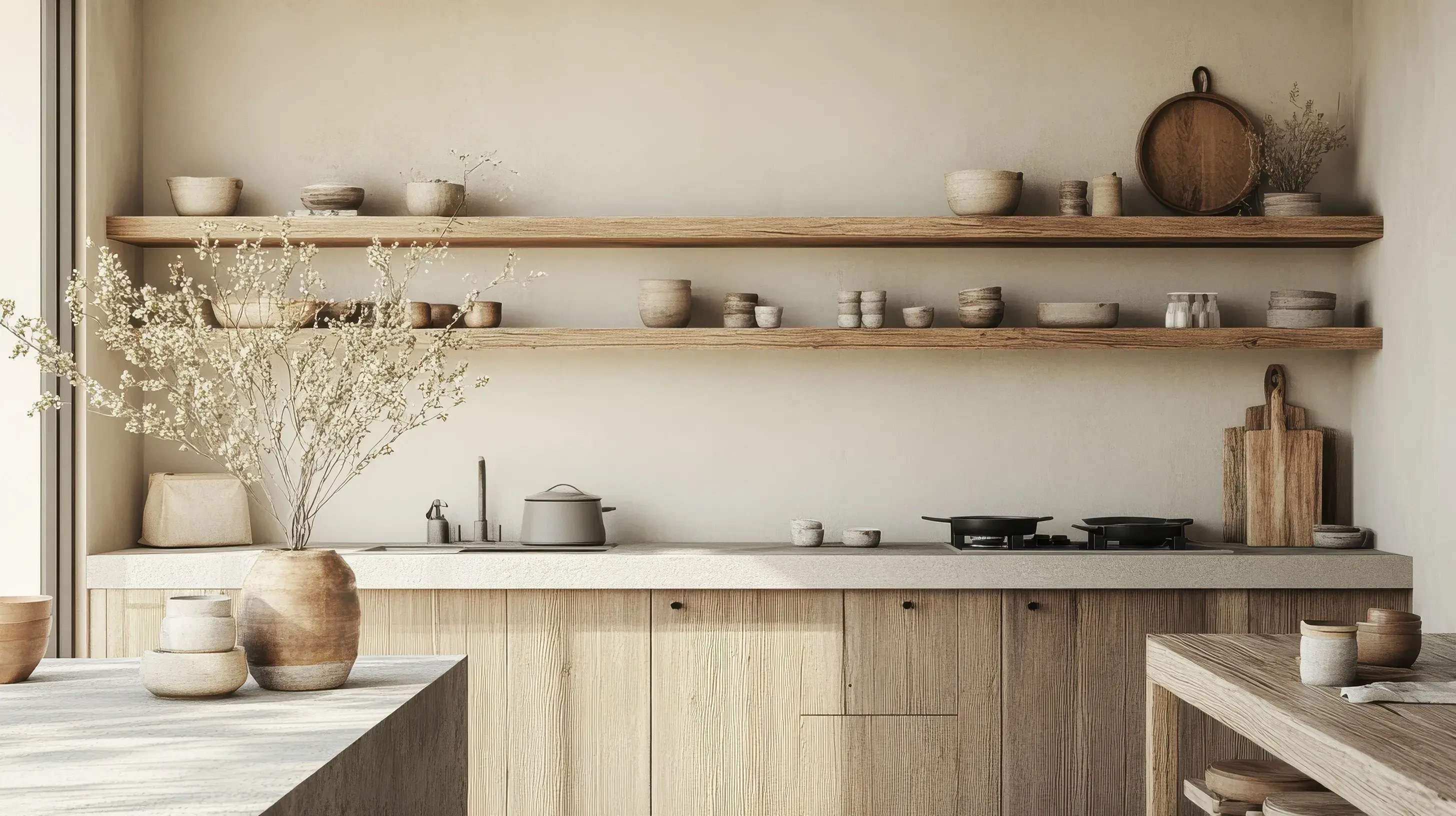 Kuchnia w stylu japandi z białymi ścianami, drewnianymi meblami o biało-szarym odcieniu.