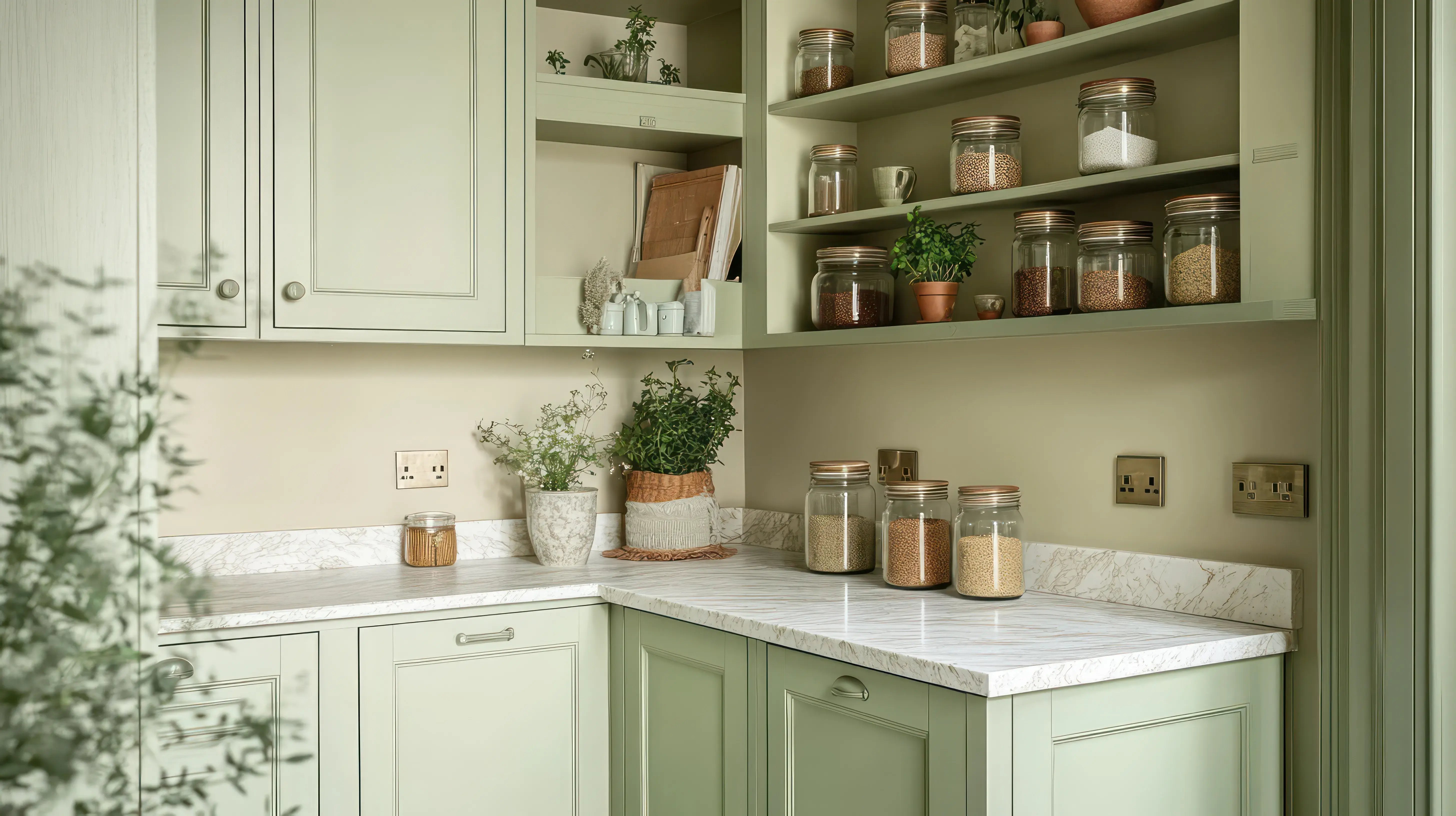 Kuchnia w stylu prowansalskim z zielonymi szafkami dolnymi i wiszącymi, regałem oraz marmurowym blatem.