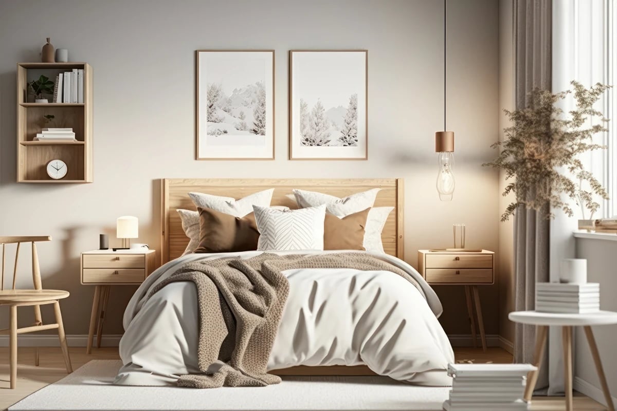 Sypialnia z łóżkiem z drewnianym oparciem. Obok łóżka stoją dwa drewniane stoliki nocne. Nad łóżkiem zawieszone są obrazy.