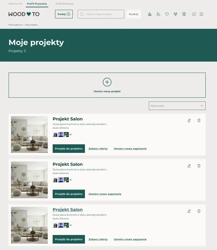 Widok Moich Projektów na Platformie Woodlove.to, z perspektywy których można złożyć zapytanie ofertowe do specjalisty.