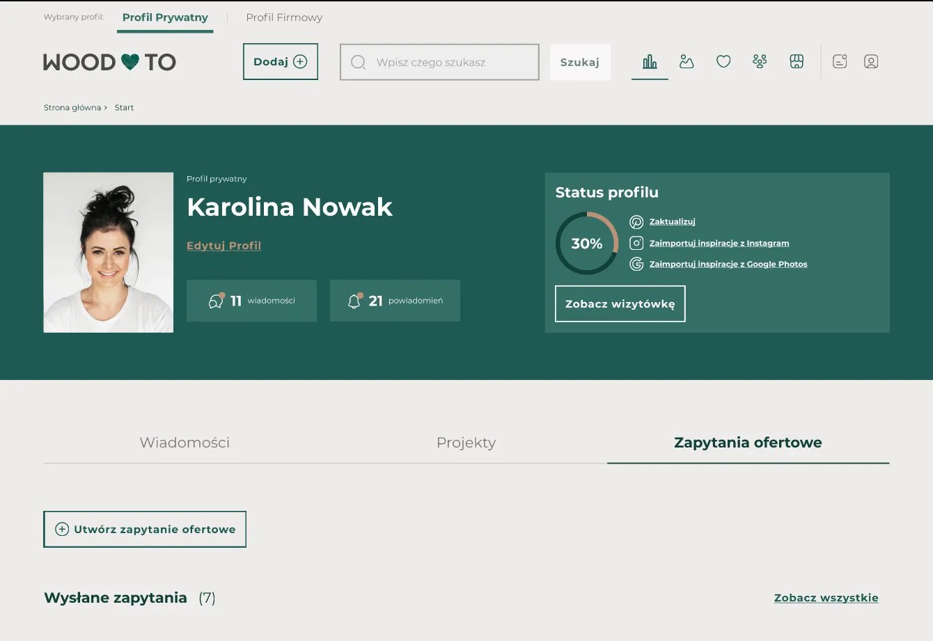 Widok na Platformie Woodlove.to na profil prywatny, z którego w zakładce można złożyć zapytanie ofertowe do specjalisty.