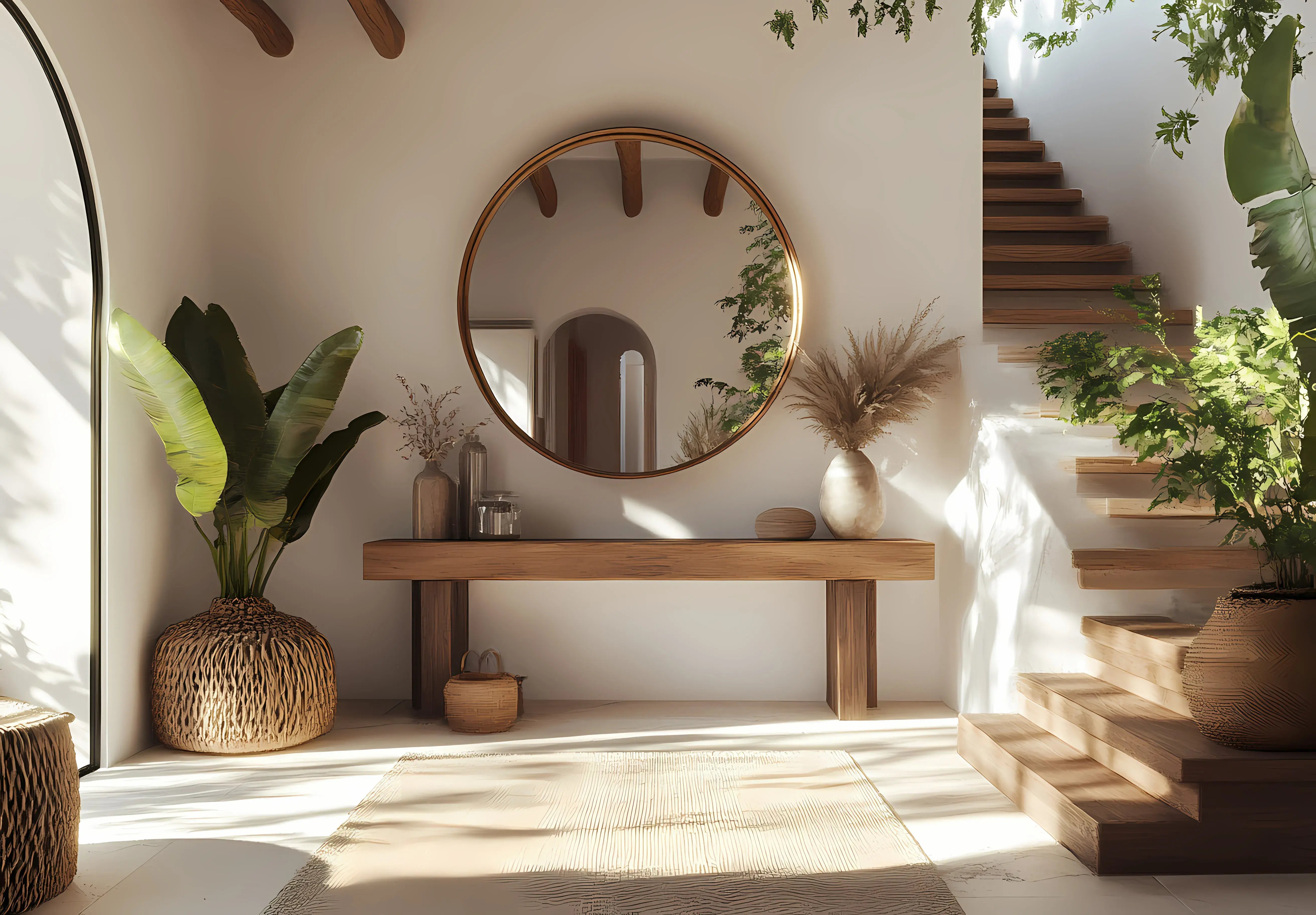 Przedpokój w stylu scandi boho w kolorze białym, pod ścianą stoi drewniany stół z różnymi wazonami, a nad stołem wisi duże okrągłe lustro w złotej ramie.