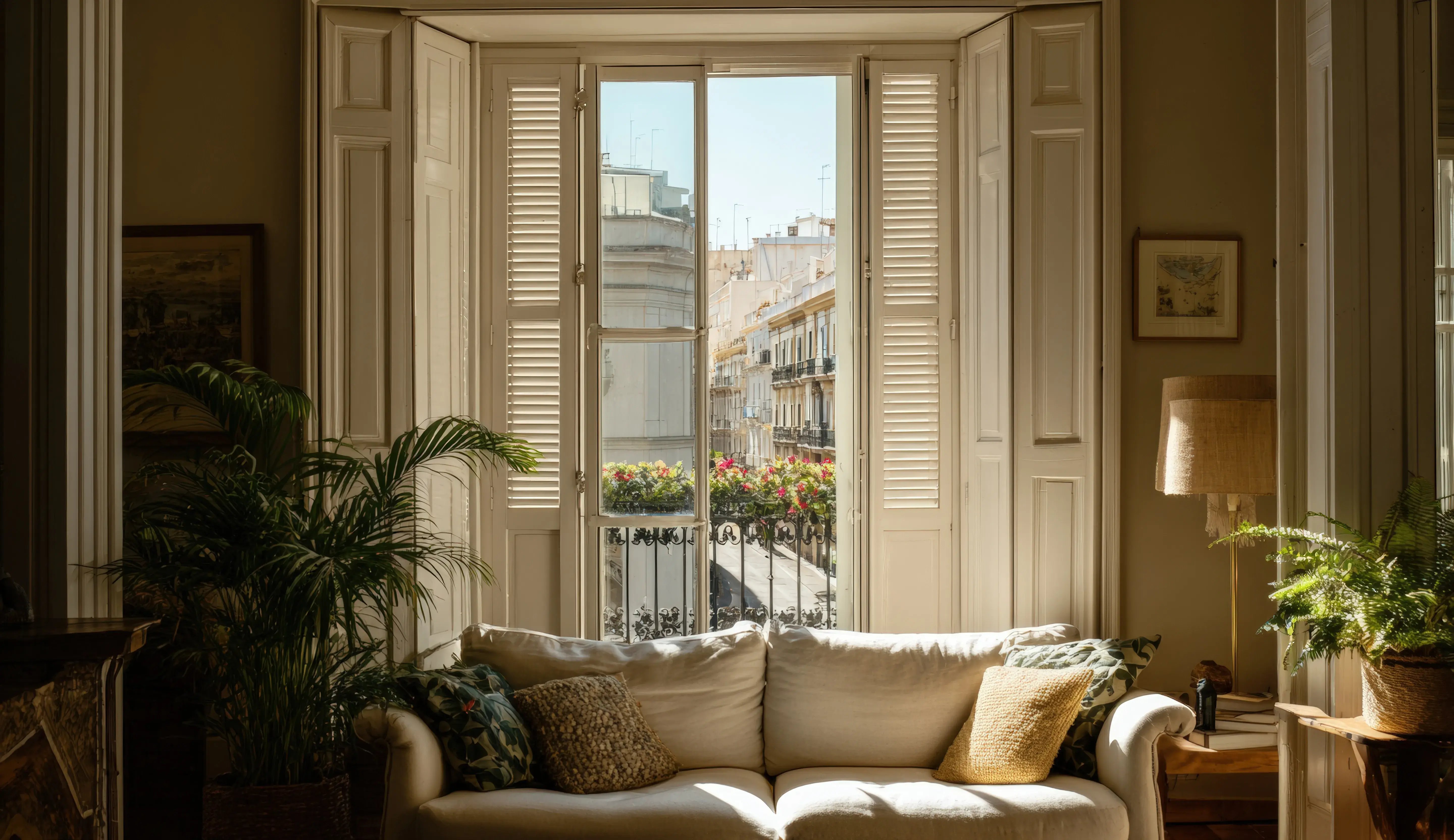 Salon w stylu boho z dużymi białymi okiennicami i pięknym widokiem na miasto, beżowymi ścianami, roślinami i białą sofą w centrum pomieszczenia. 