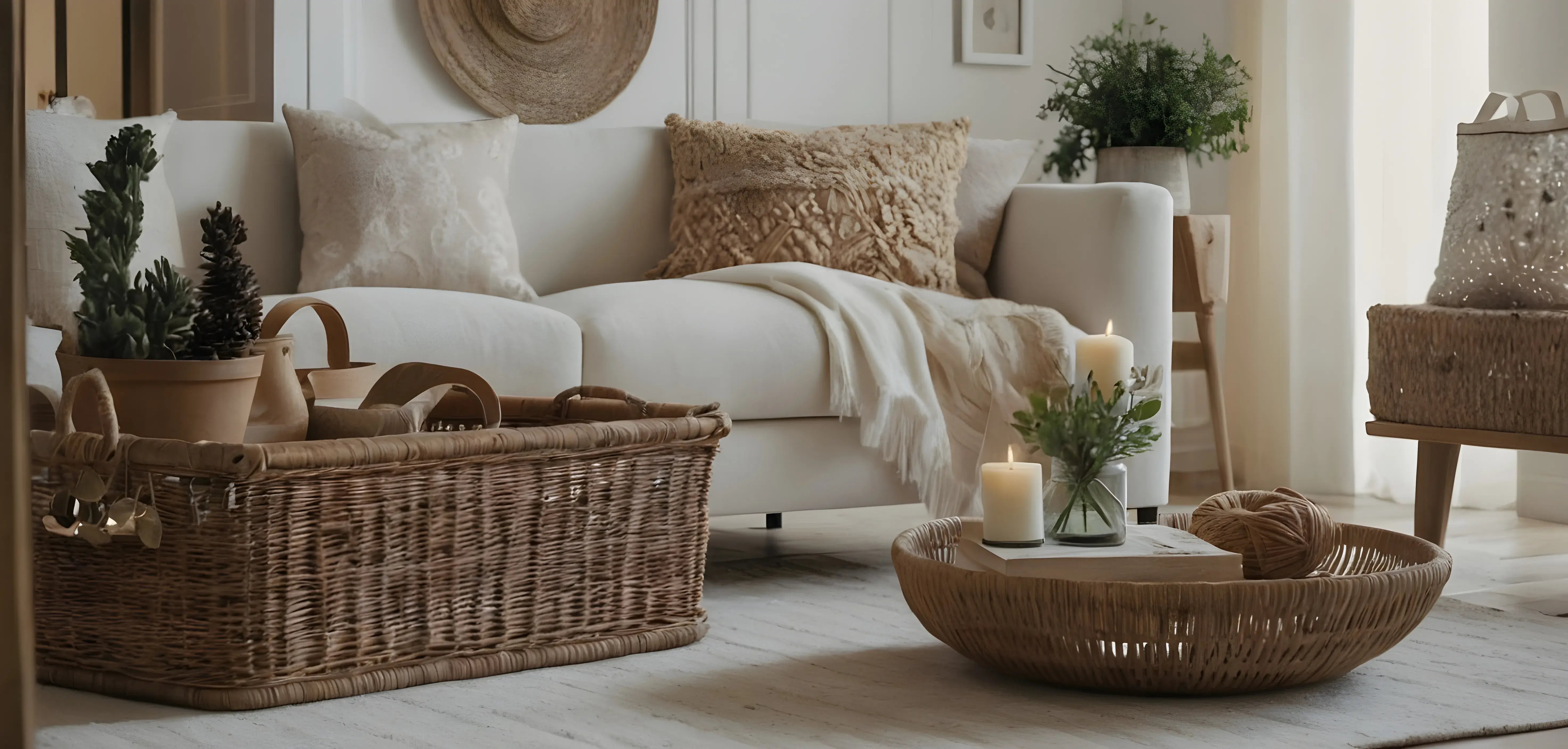 Salon w stylu scandi boho w kolorze białym, w centrum stoi biała kanapa, a obok niej duży wiklinowy koszyk z kwiatami.