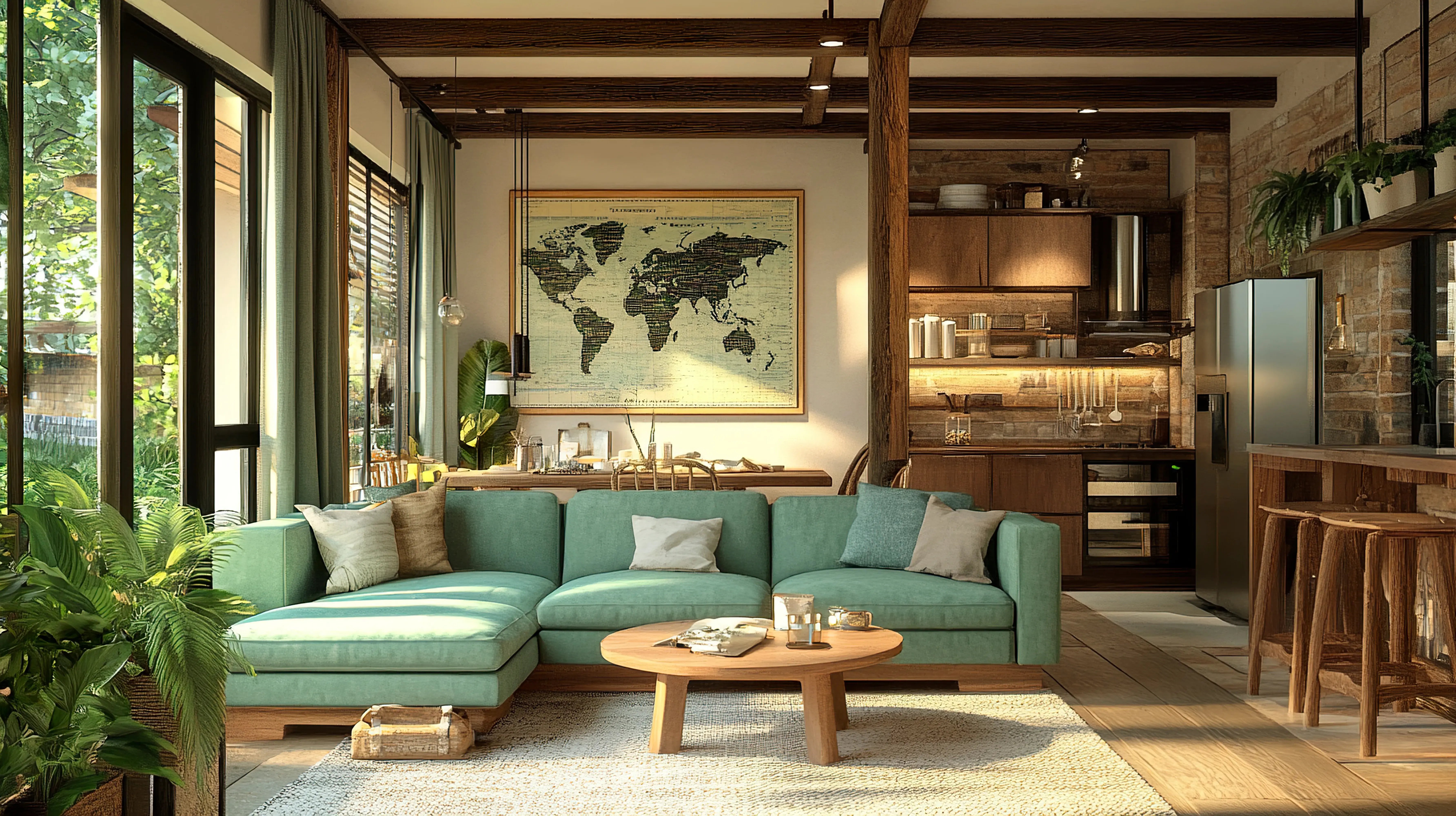Salon w stylu eklektycznym z połączoną kuchnią, miętową kanapą w centrum pomieszczenia, stołem pod ścianą i dużą mapą nad nim i małym wydzielonym kątem na kuchnię. 
