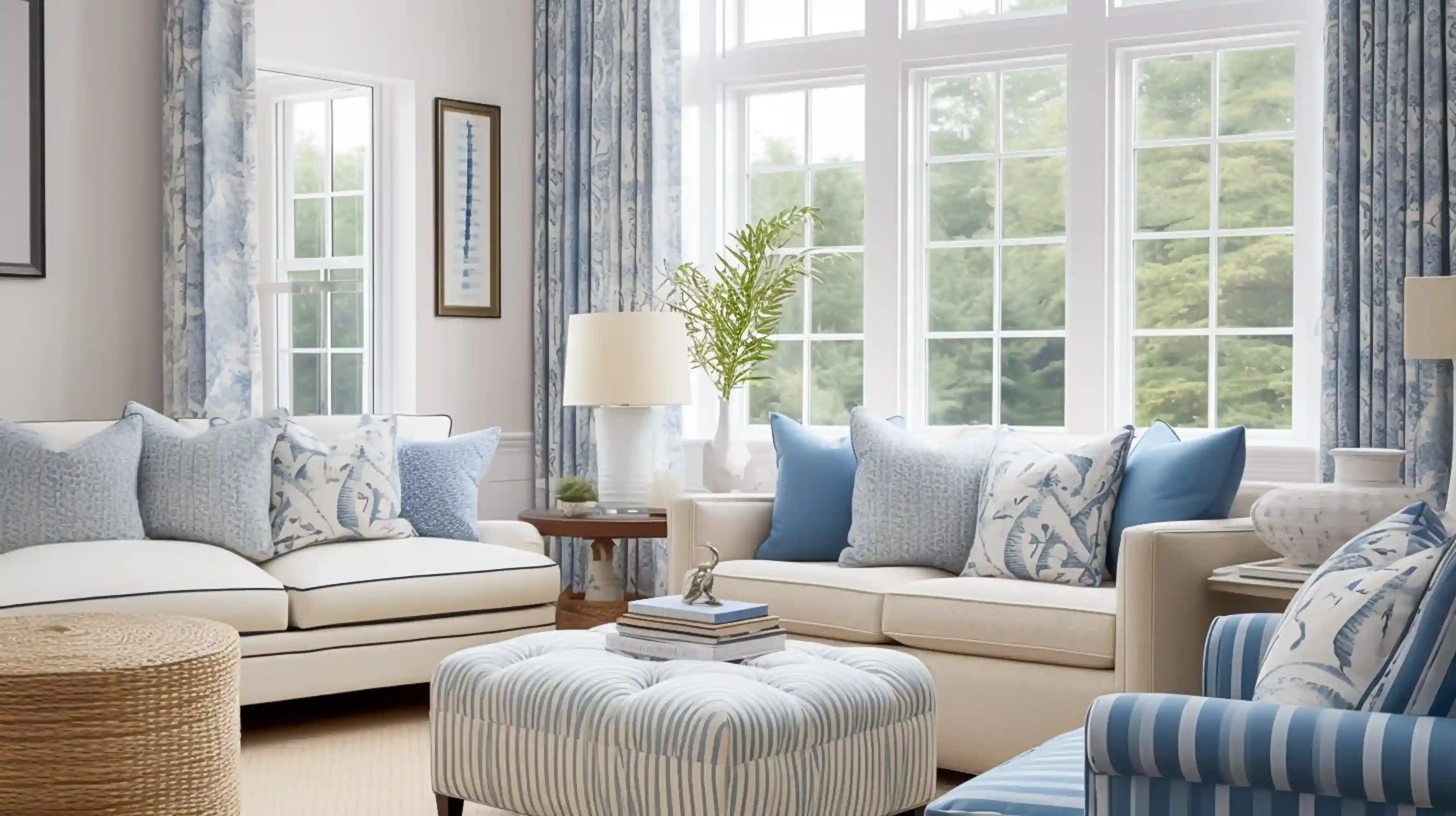 Salon w stylu hampton w biało-niebieskim kolorze. Dwie kanapy z poduszkami, przed nimi siedzisko, a obok niego fotel.