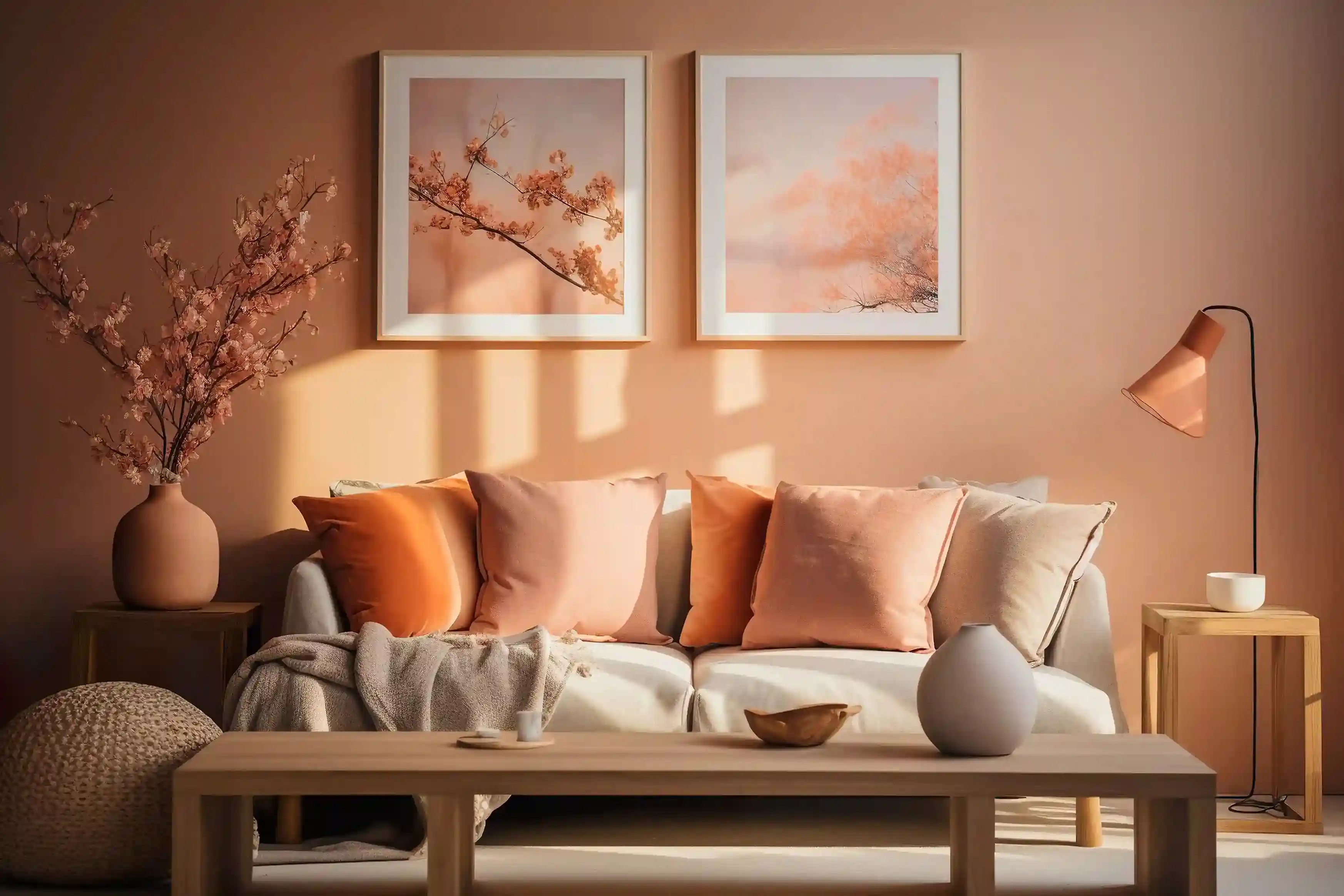 Salon w stylu japandi w kolorze peach fuzz. Na środku znajduje się beżowa kanapa, na niej pomarańczowe poduszki, a nad kanapą dwa obrazy. Przed kanapą stoi drewniany stolik.