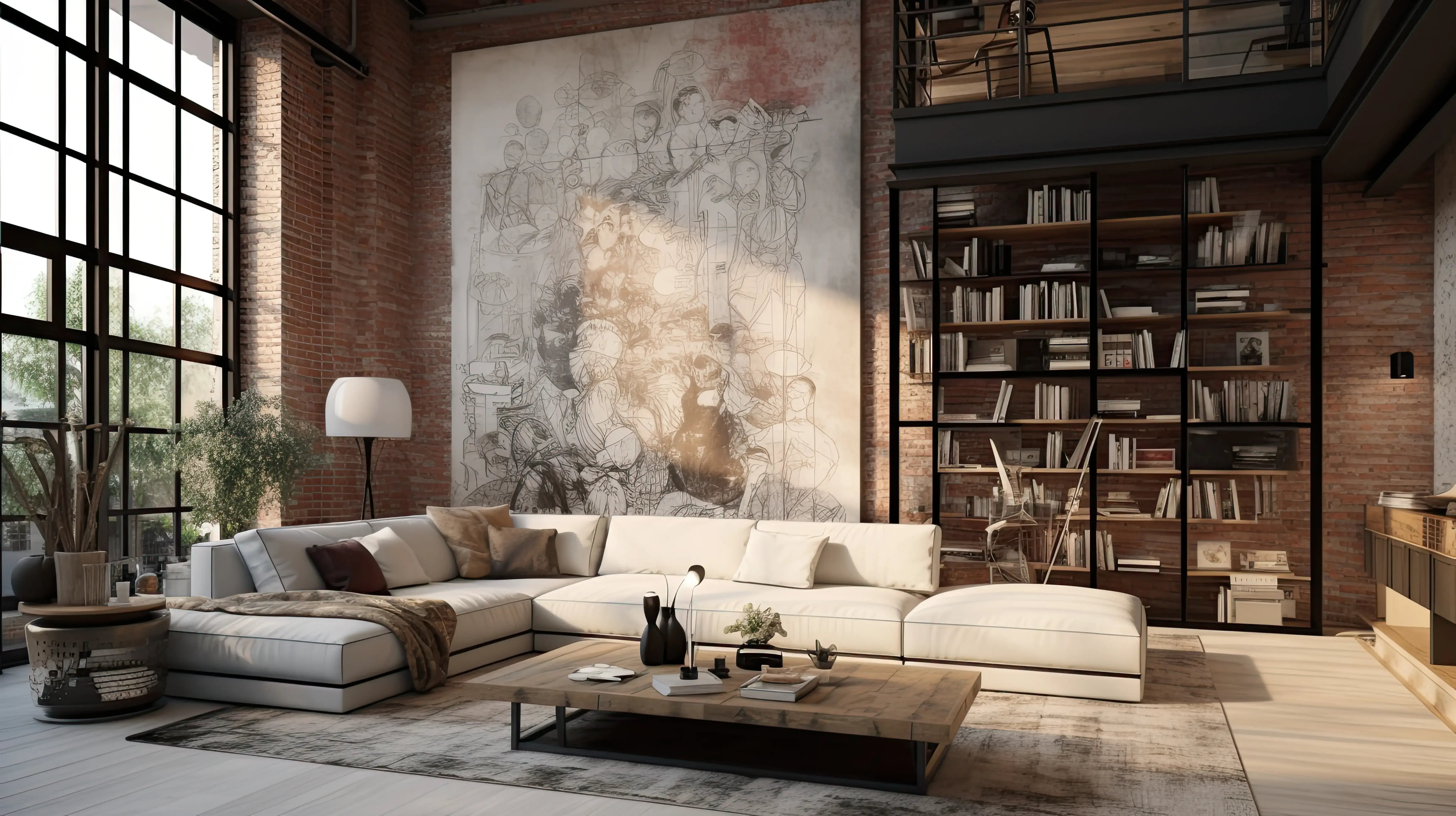 Salon w stylu glam loft z ceglanymi ścianami, dużym obrazem na jednej z nich, regałem na książki obok, w centrum drewniany stolik i dużą biała kanapa w kolorze L, obok okno na ścianie. 