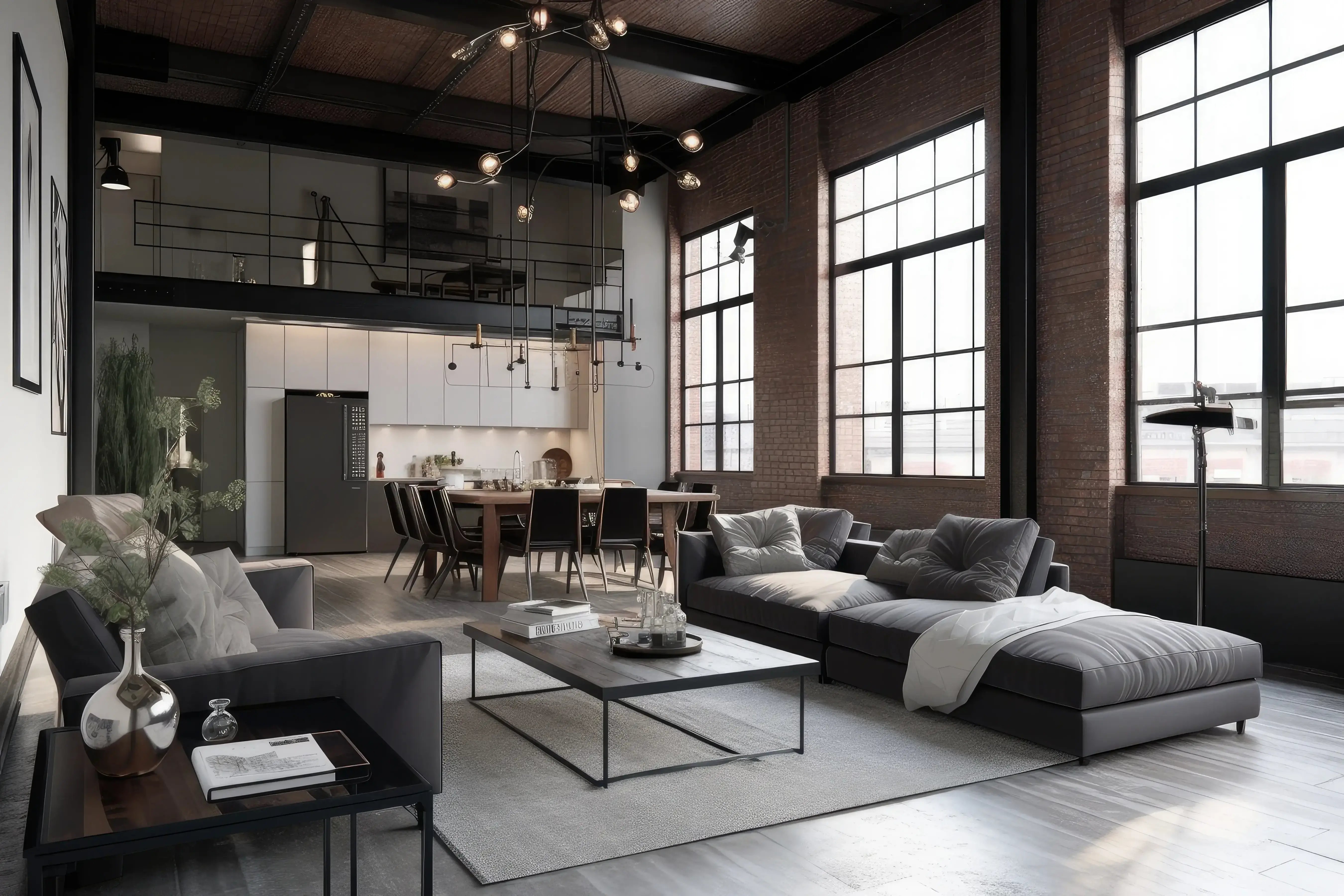 Salon w stylu loftowym z ceglanymi ścianami, antresolą, czarnym stolikiem stojącym na środku i dwiema czarnymi sofami z jego dwóch stron, za jedną z nich dwa duże okna. 