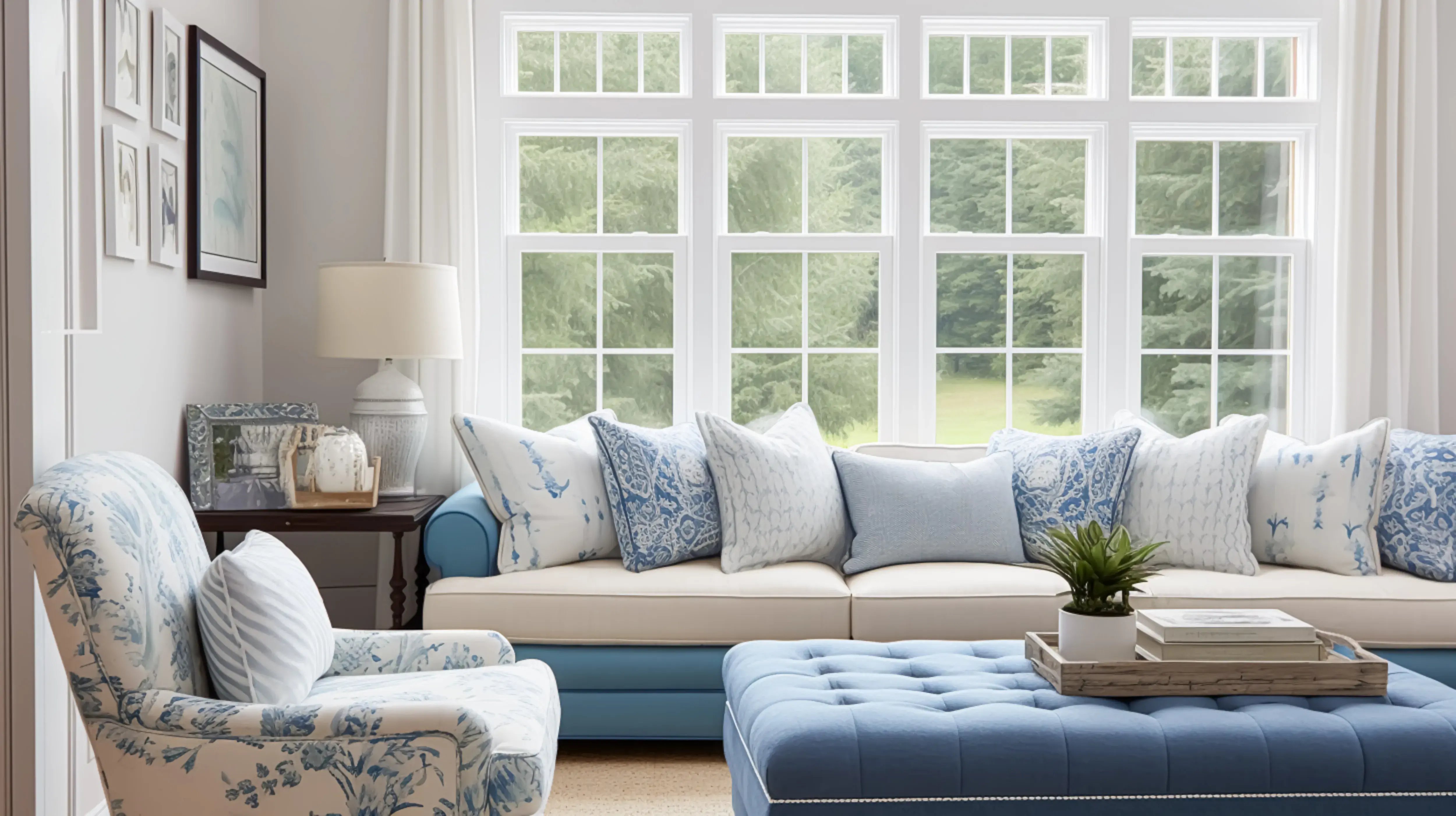 Salon w stylu nowoczesnym z biało-niebieską kanapą, fotelem w kwiaty i stołem.