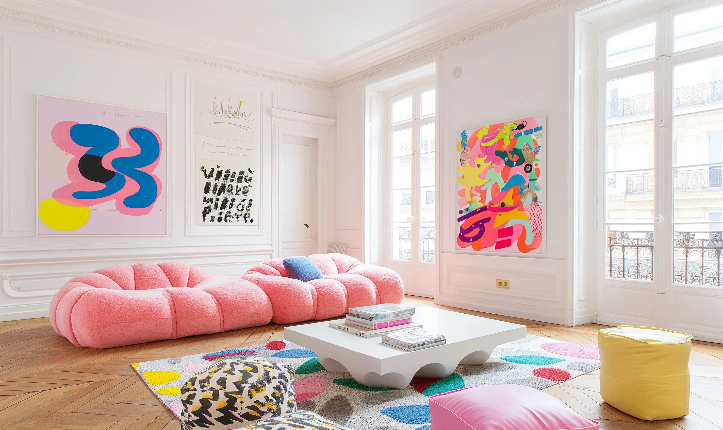 Salon w stylu pop art w kolorze białym, różową kanapą i kolorowymi obrazami graffiti na ścianach.