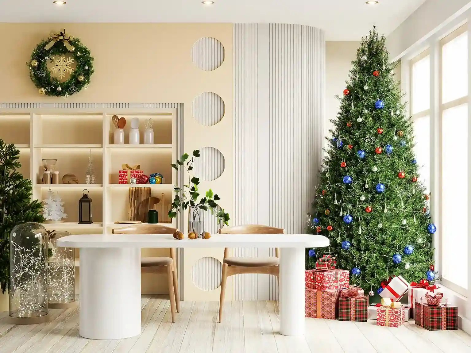 Skandynawski salon w świątecznym klimacie. Na środku stoi biały stolik, a za nim dwa krzesła. Po prawej stronie stoi udekorowana choinka, pod którą leżą prezenty.