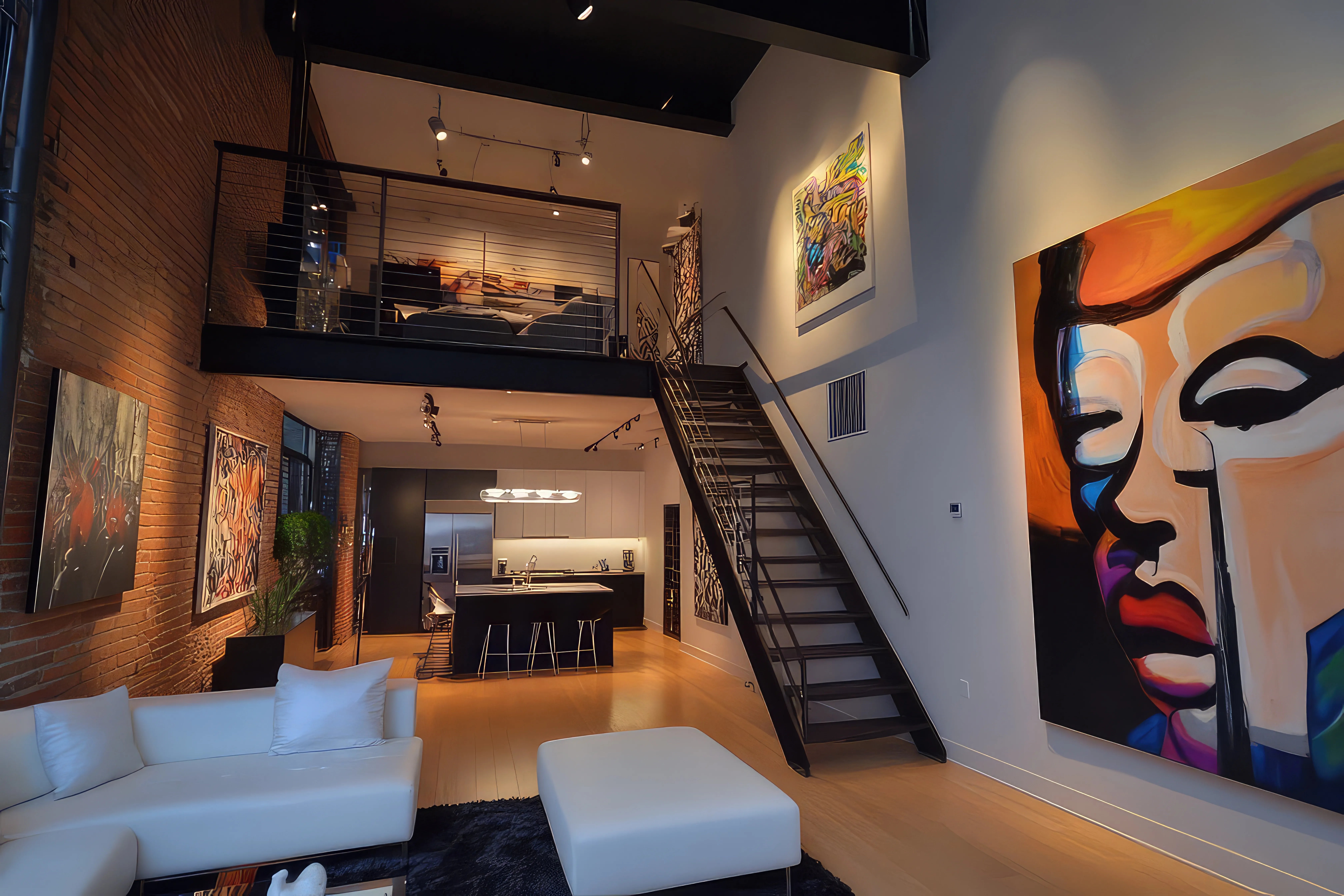 Salon z antresolą w stylu soft loft z częściowo ceglanymi ścianami i częściowo białymi. Na dole kuchnia oraz salon, a na antresoli łóżko. 