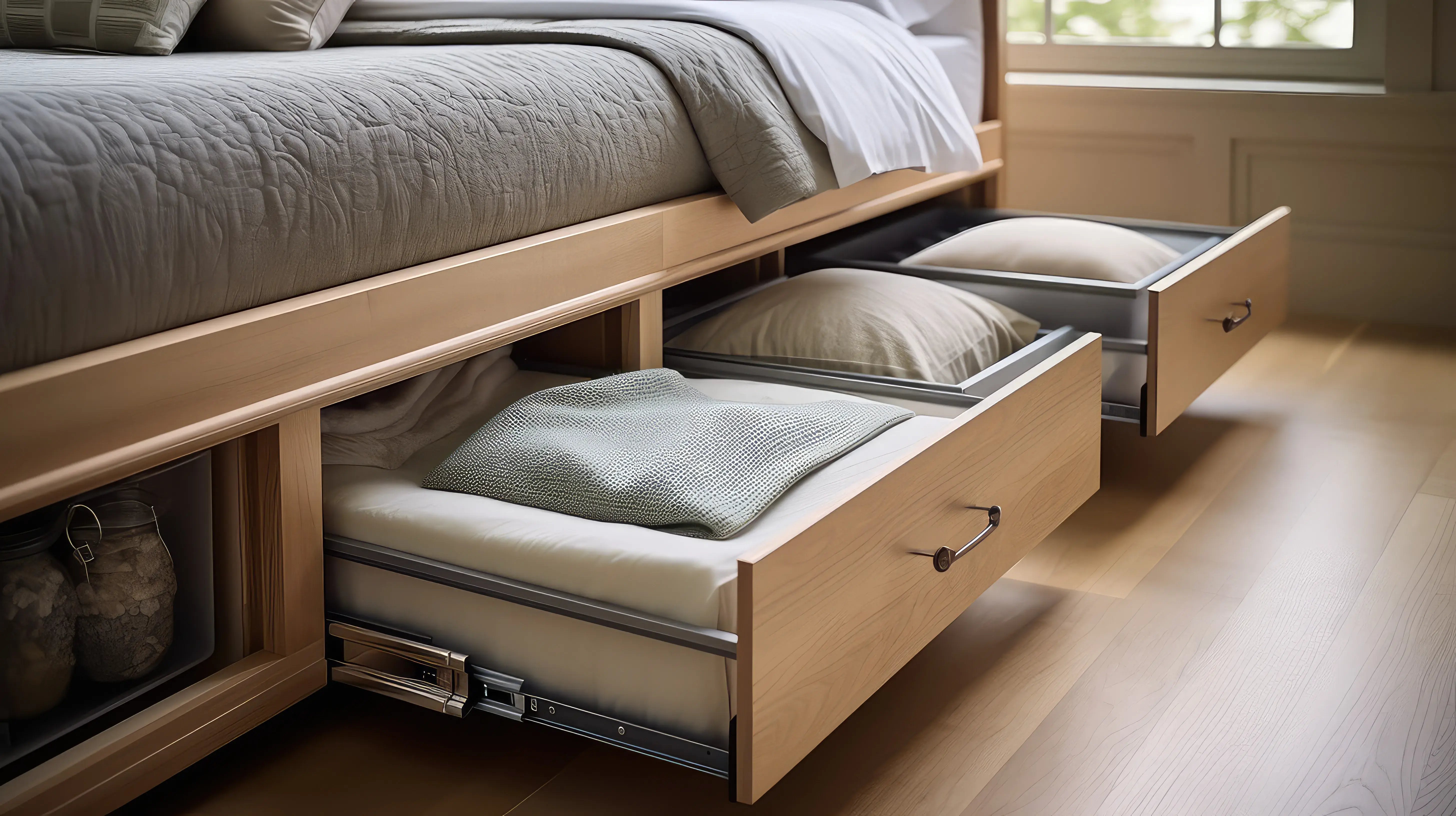 Łózko modułowe, z którego wysuwają się dwie szuflady na rzeczy.