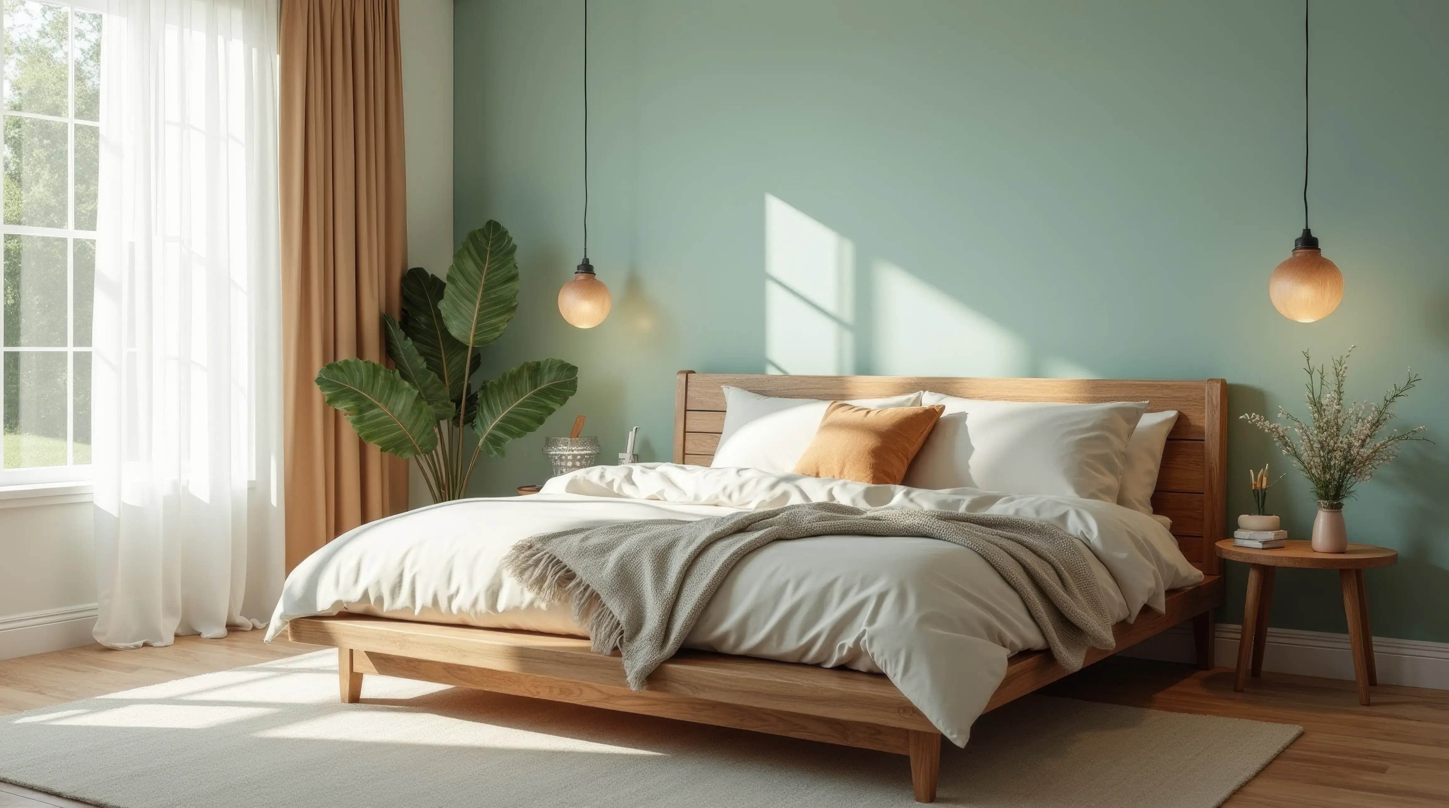 Sypialnia w stylu skandynawskim ze ścianami w kolorze miętowy, dużym drewnianym łóżkiem z białą pościelą, szafkami nocnymi po obu stronach łóżka i dużym oknem na lewej ścianie. 