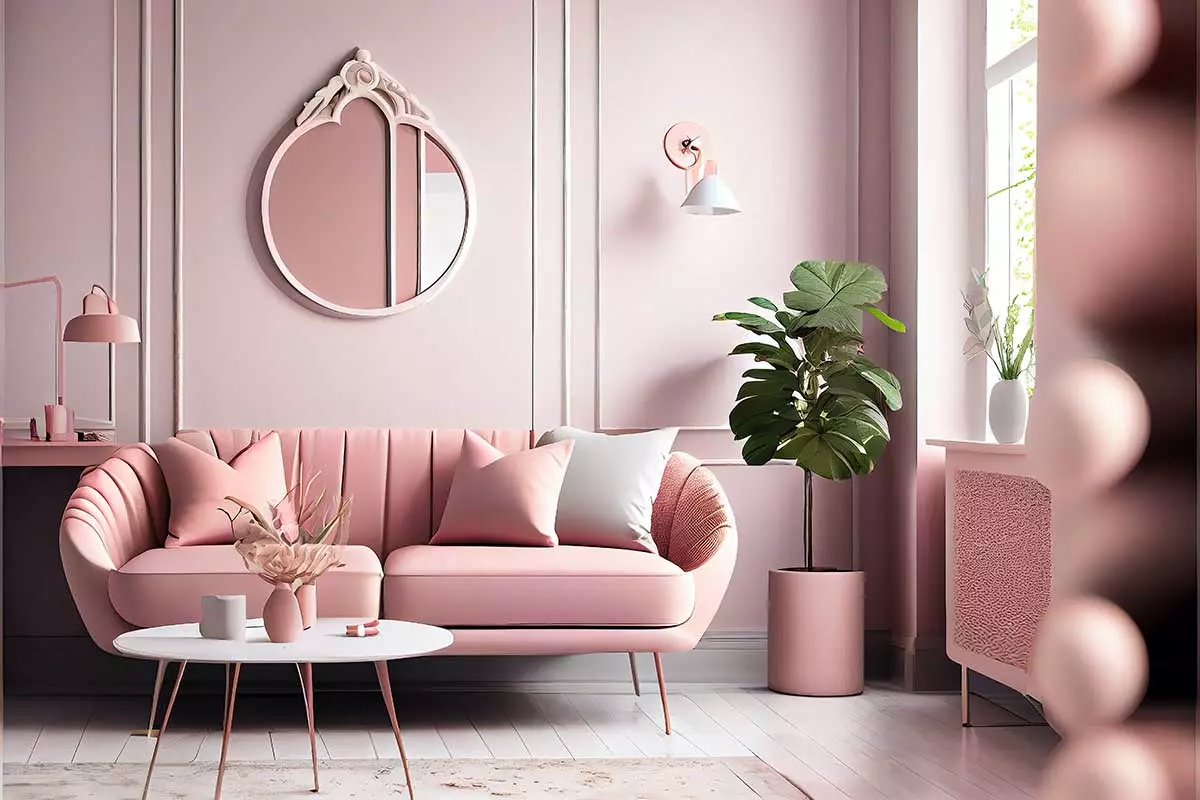 Sofa w kolorze różowym z poduszkami. Nad łóżkiem zawieszone lustro. Obok sofy stoi różowa donica z kwiatem.