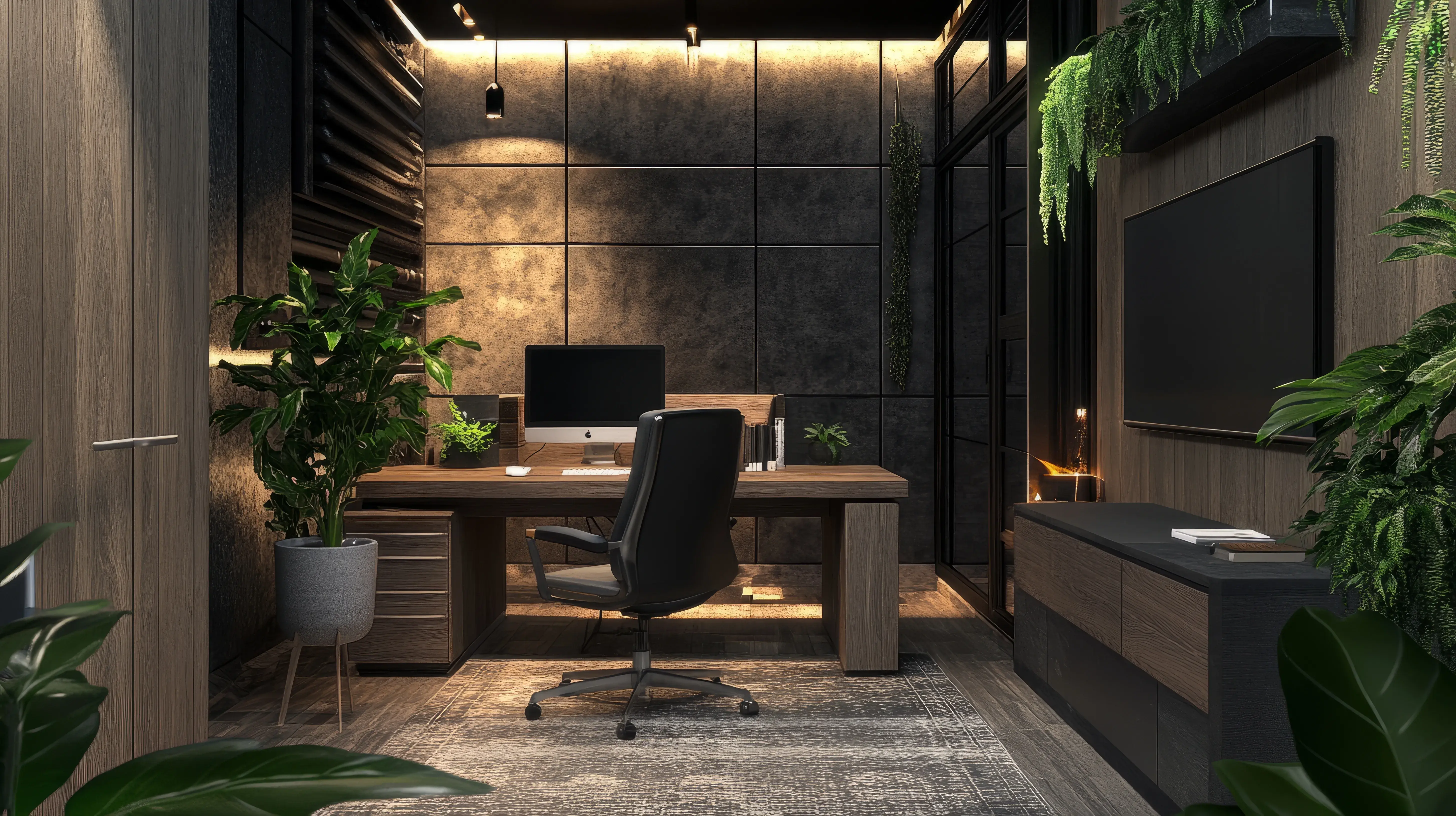 Gabinet w stylu loftowym w szarym kolorze z dużym drewnianym biurkiem na środku i komputerem na nim. 