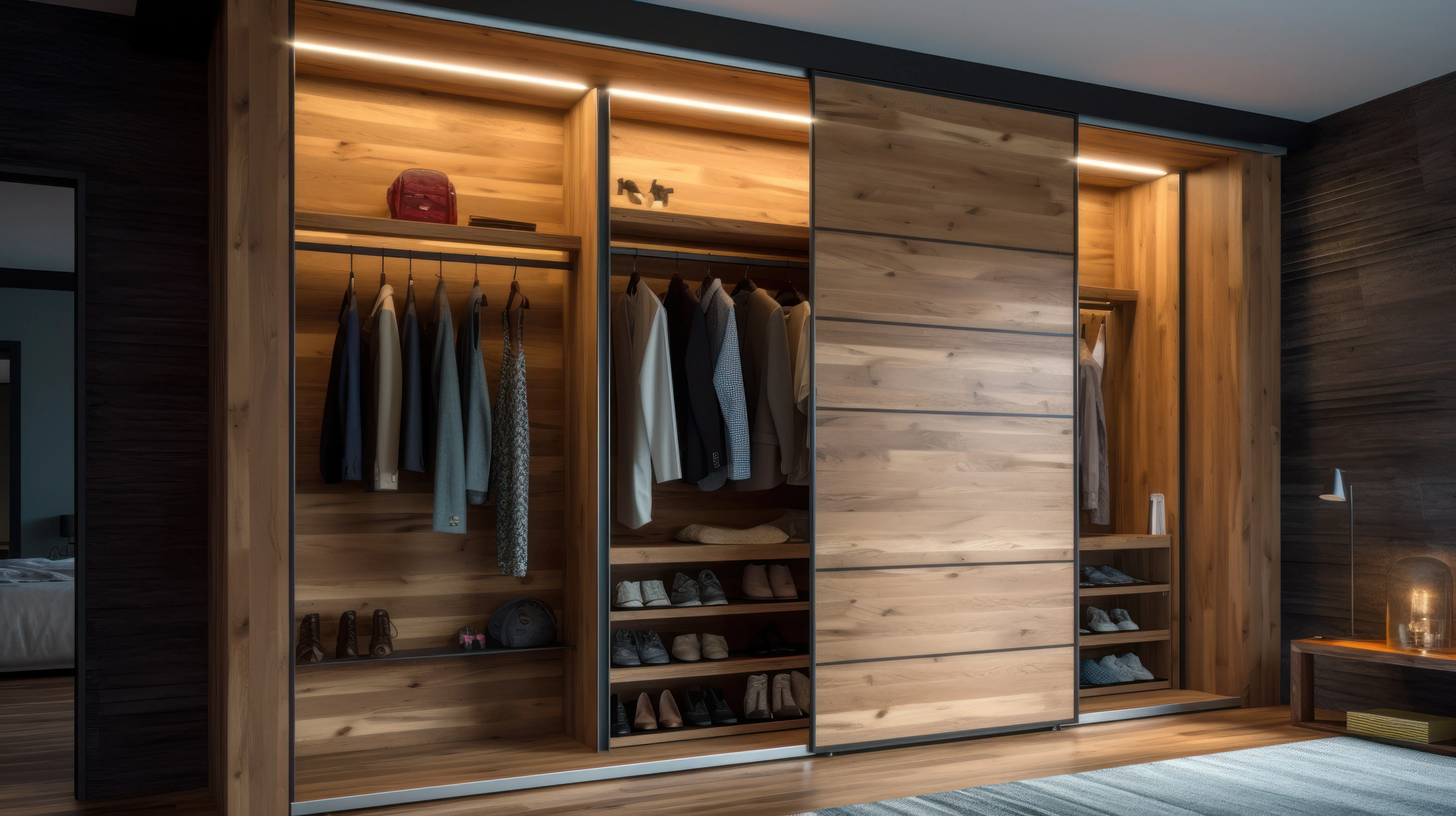 Garderoba w stylu nowoczesnym z dużą szafą z różnymi półkami i rozsuwanymi drzwiami.