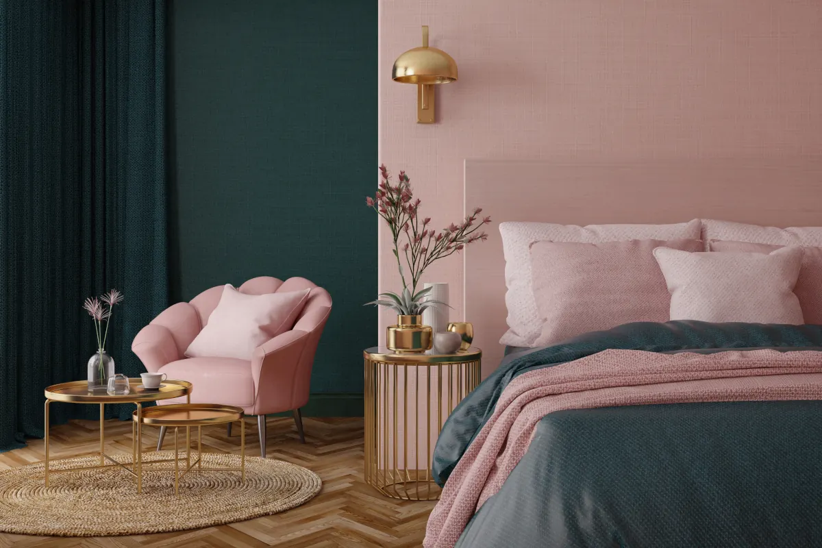 Sypialnia w połączeniu koloru zielonego oraz różowego.
