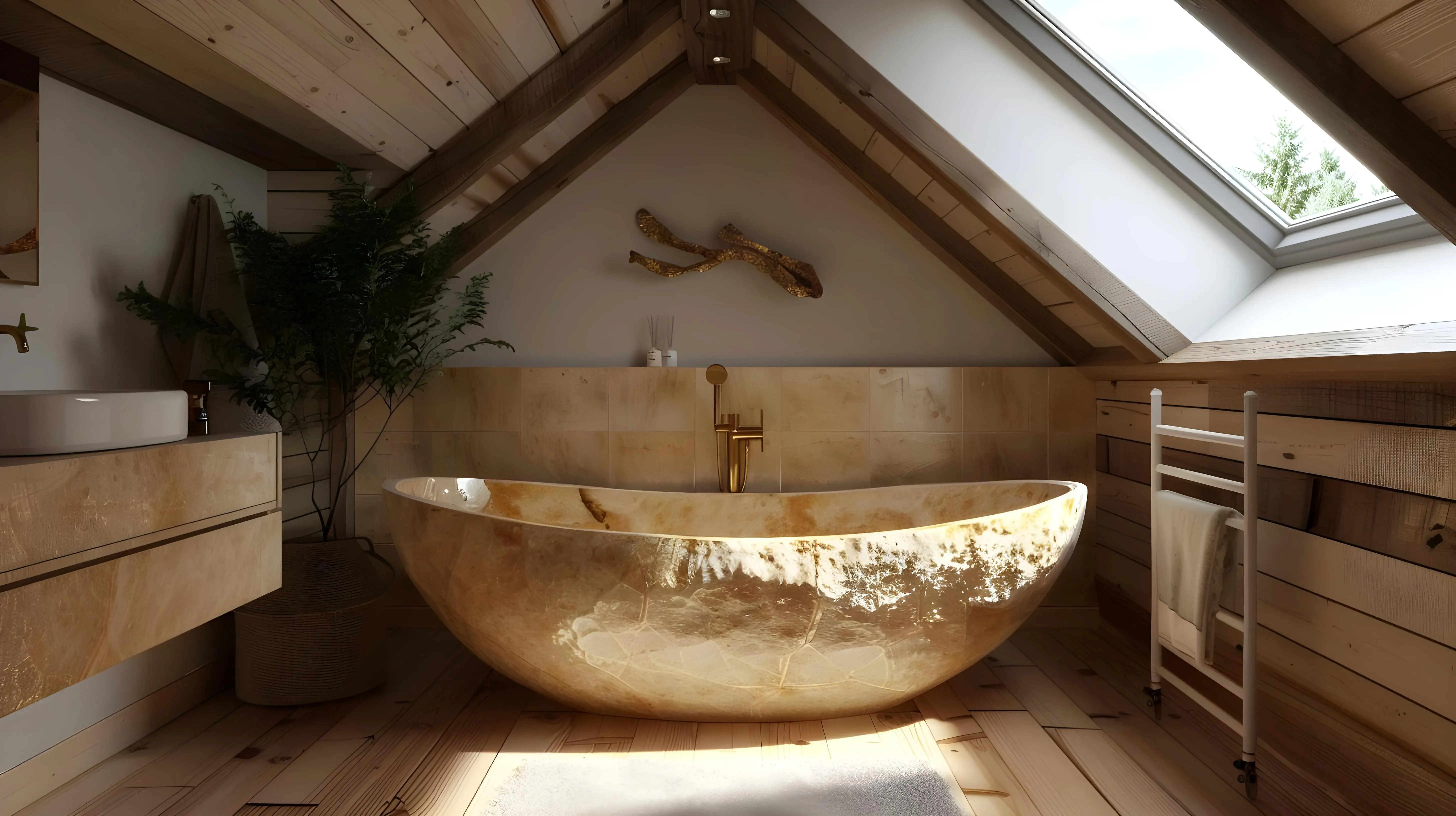 Łazienka w stylu japandi na poddaszu w kolorze bezowym z białymi elementami, wanną, umywalką i oknem na poddaszu. 