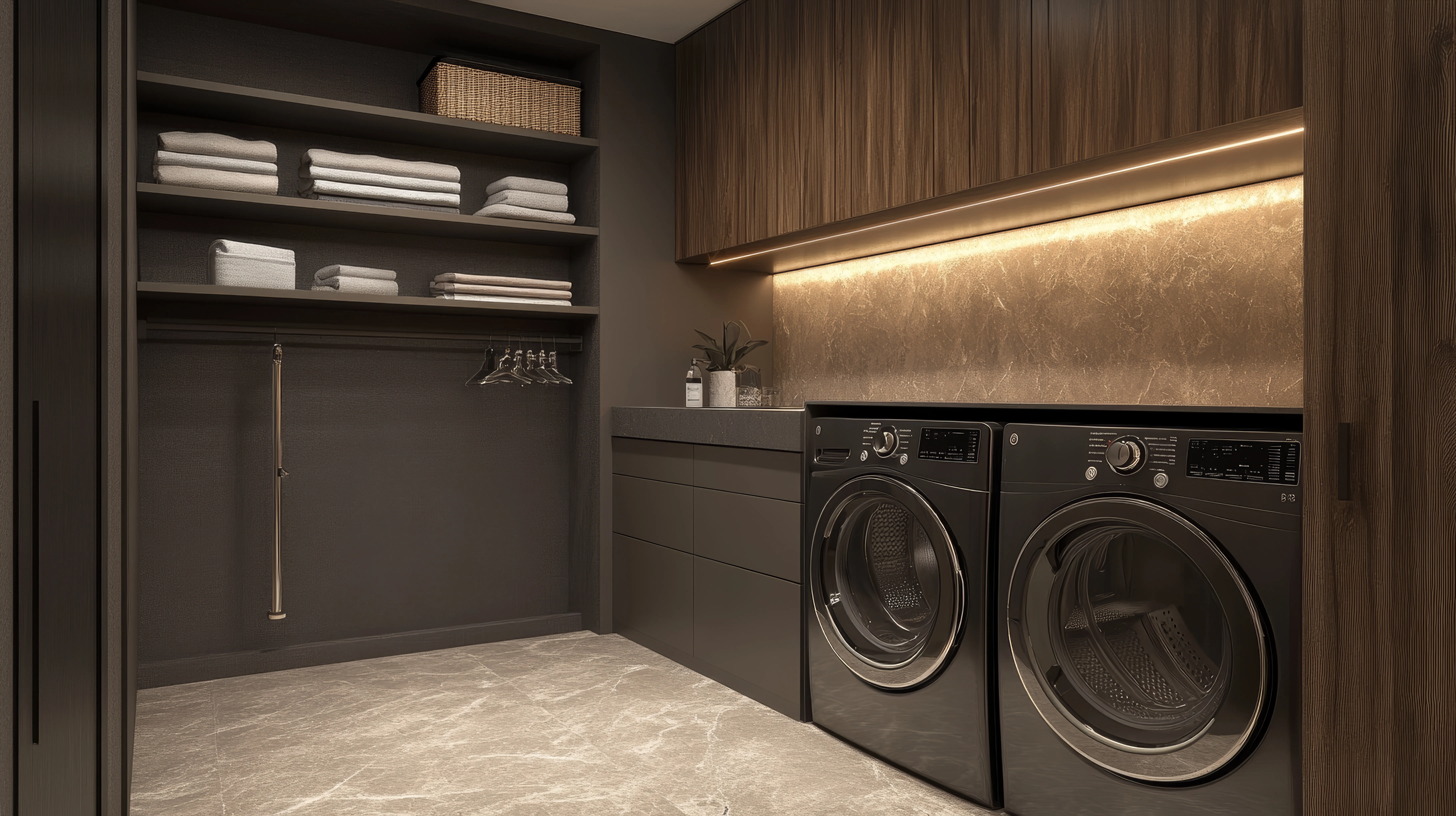 Pralnia w stylu nowoczesnym w kolorze brązowym z drewnianymi szafkami, czarnymi pralkami w zabudowie i regałami, na których leżą ręczniki.