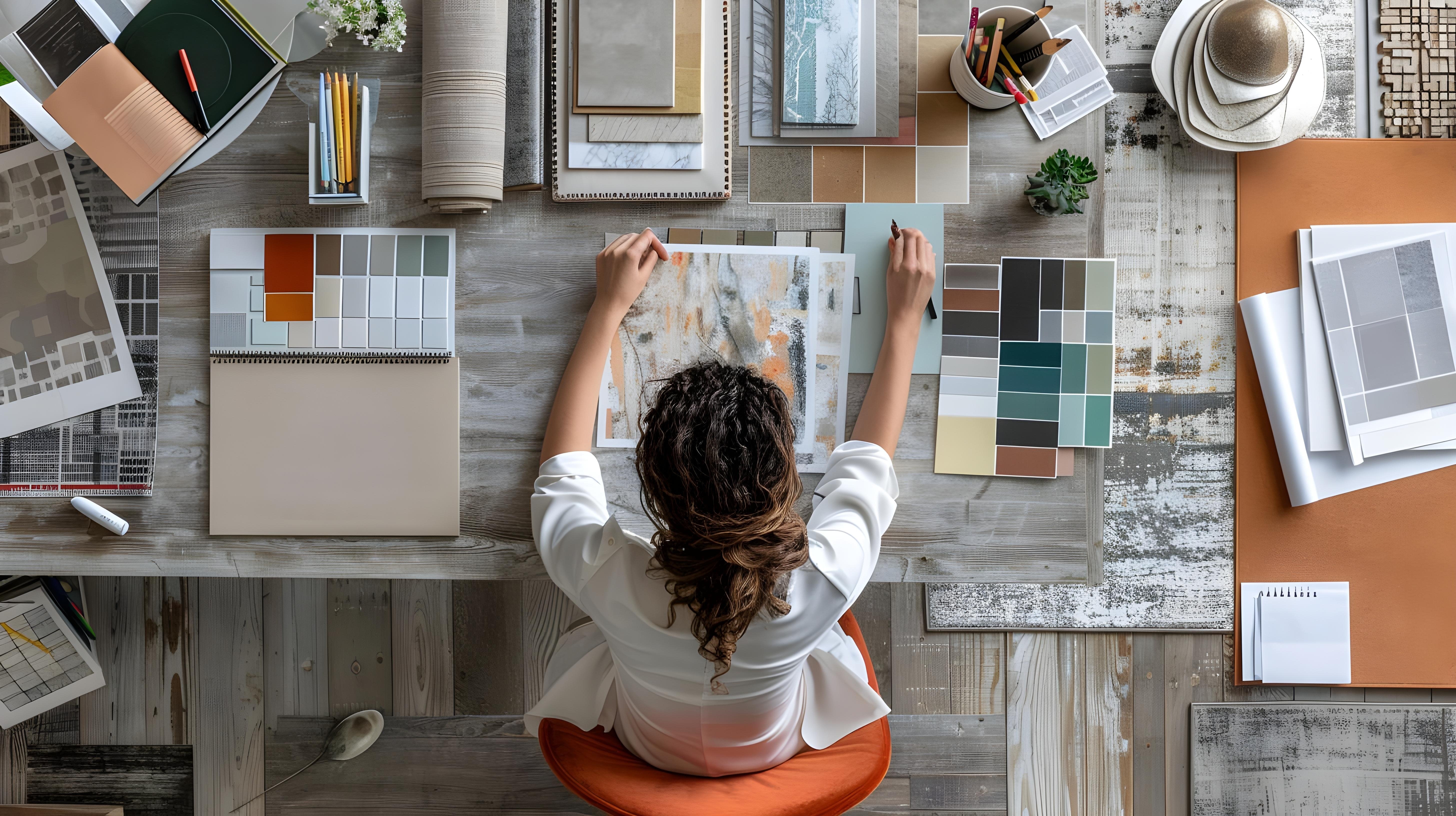 Projektantka wnętrz w trakcie projektowania w pracowni architektonicznej 