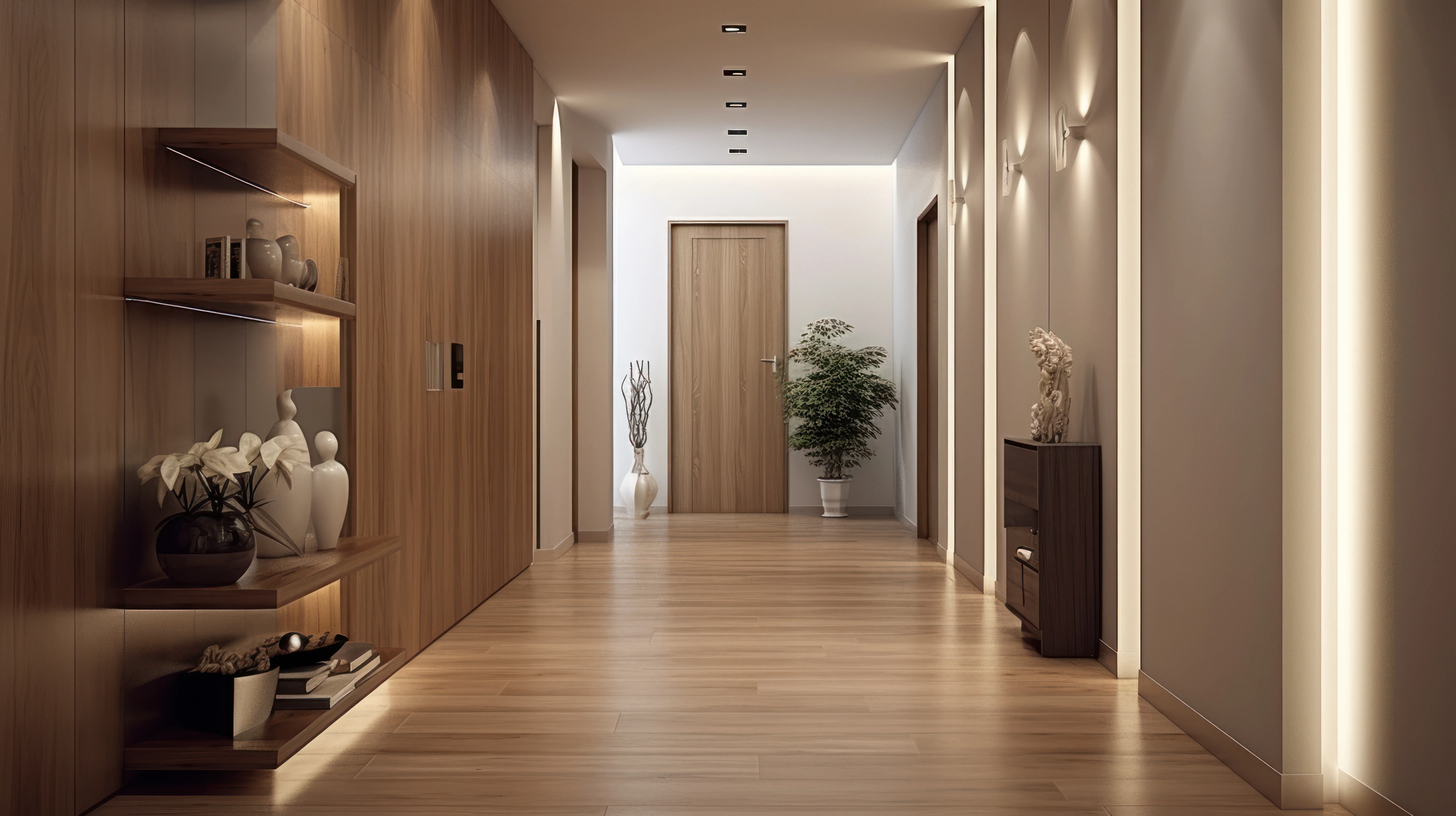 Duży przedpokój w stylu nowoczesnym z drewnianą podłogą, drewnianą jedną ścianą i oświetleniem. Pozostałe ściany są na szaro. 