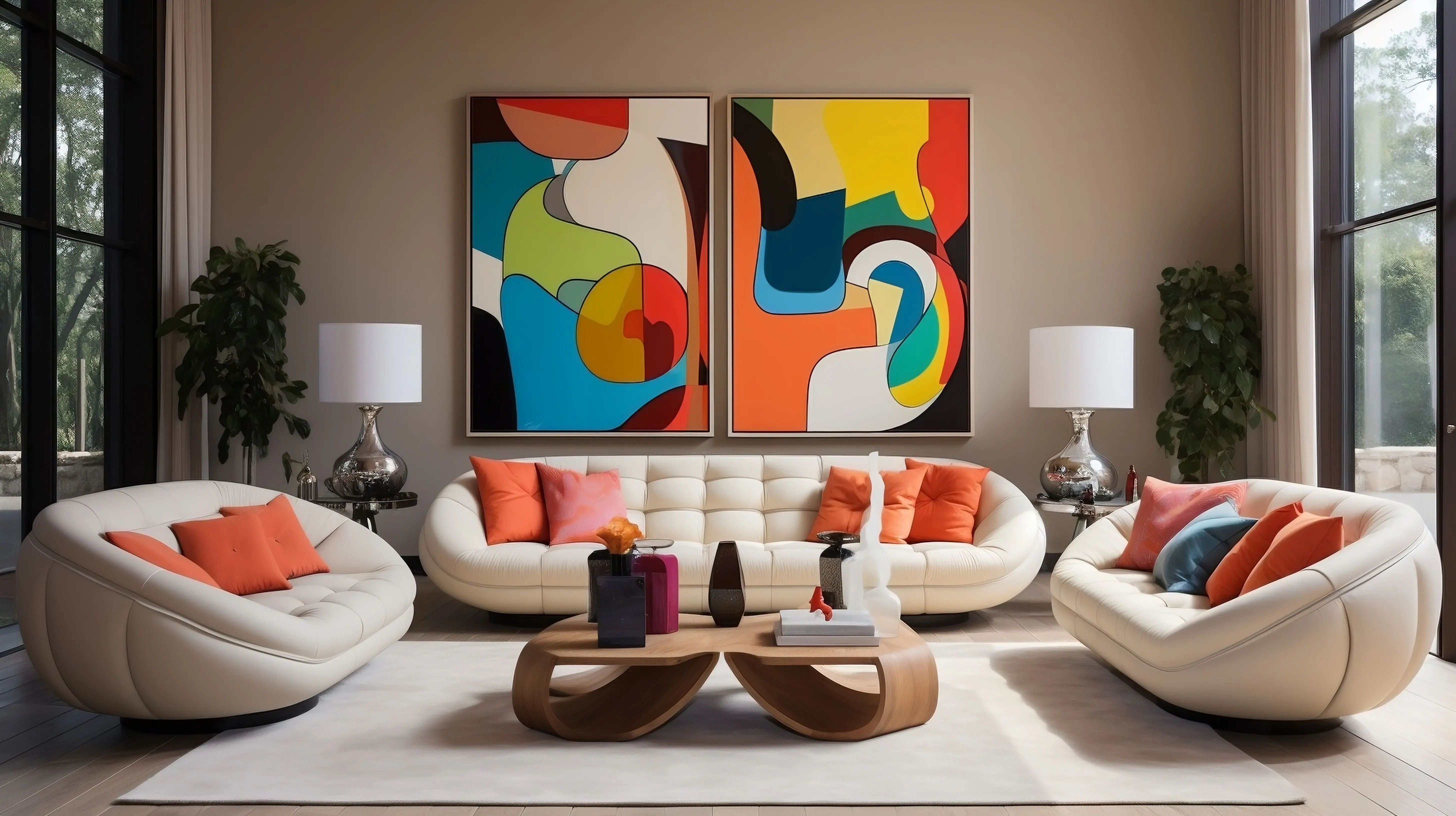 Salon w beżowym kolorze z elementami stylu pop art, jak kolorowe obrazy na ścianach. 