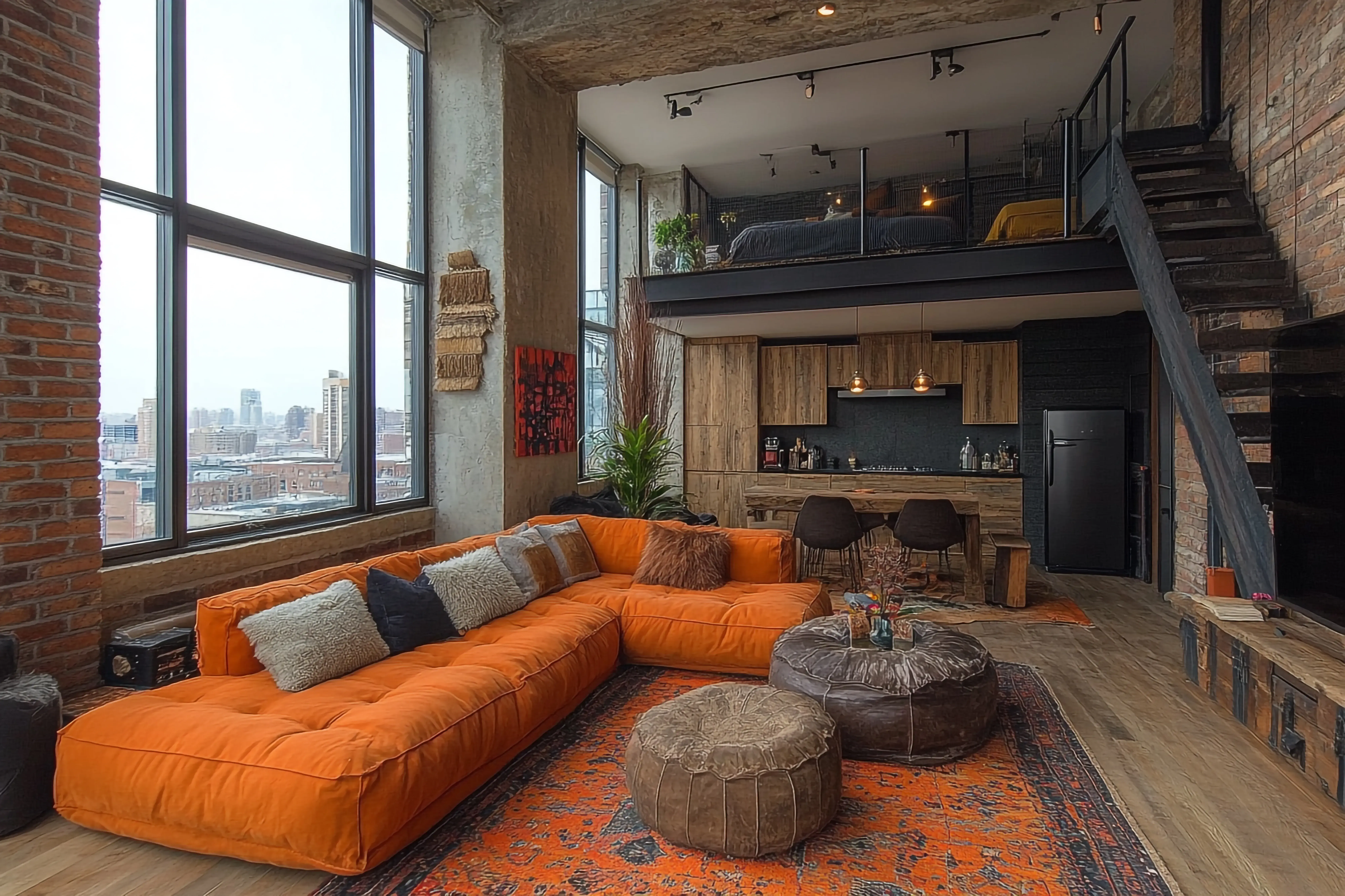 Mieszkanie w stylu industrialnym z antresolą, na której jest sypialnia. Na parterze stoi duża pomarańczowa kanapa w kształcie litery L, a kuchnia jest w drewnianej zabudowie.
