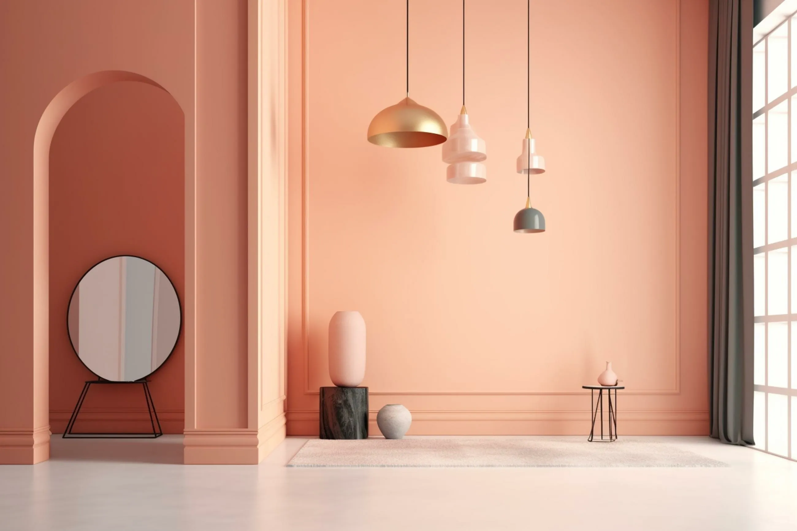 Salon w stylu minimalistycznym w kolorze peach fuzz. Z sufitu wiszą żyrandole, po lewej stronie znajduje się lustro.