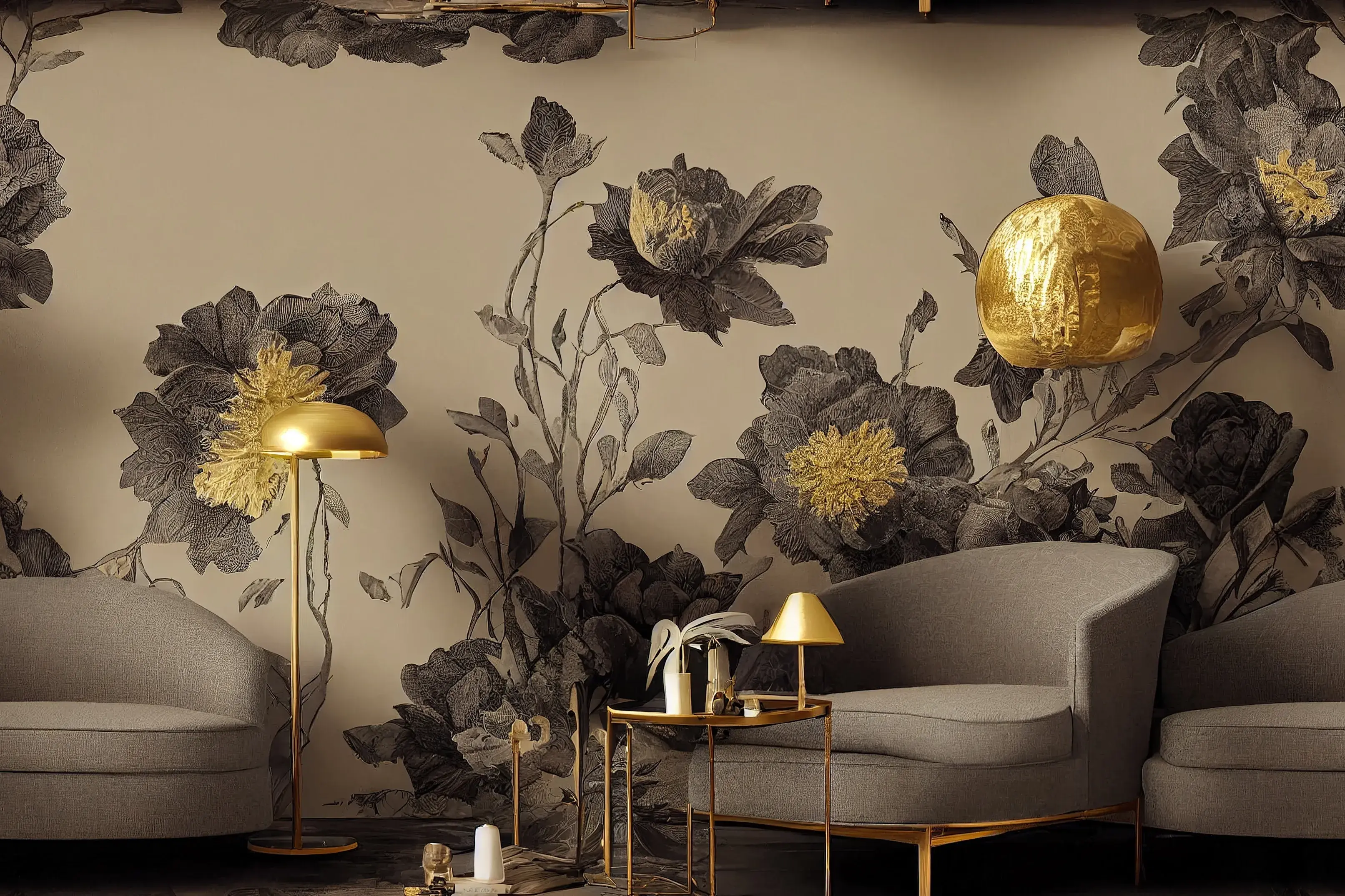 Salon w stylu nowoczesnym z beżową tapetą w szare kwiaty ze złotymi elementami oraz dwoma szarymi fotelami stojącymi w salonie.