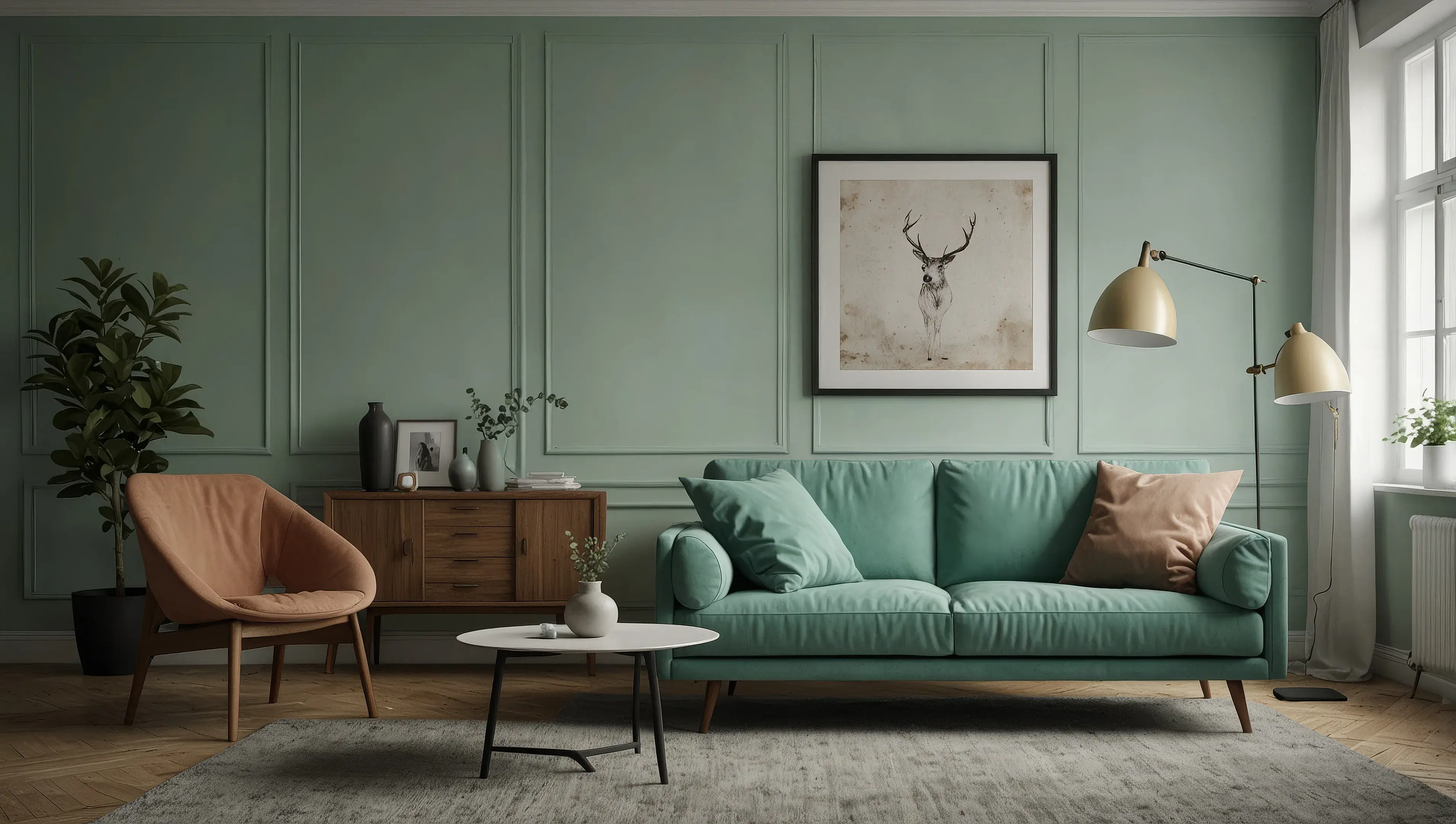 Salon w stylu nowoczesnym z miętowymi ścianami, sofą, obrazem na ścianie i brązową komodą pod ścianą. 