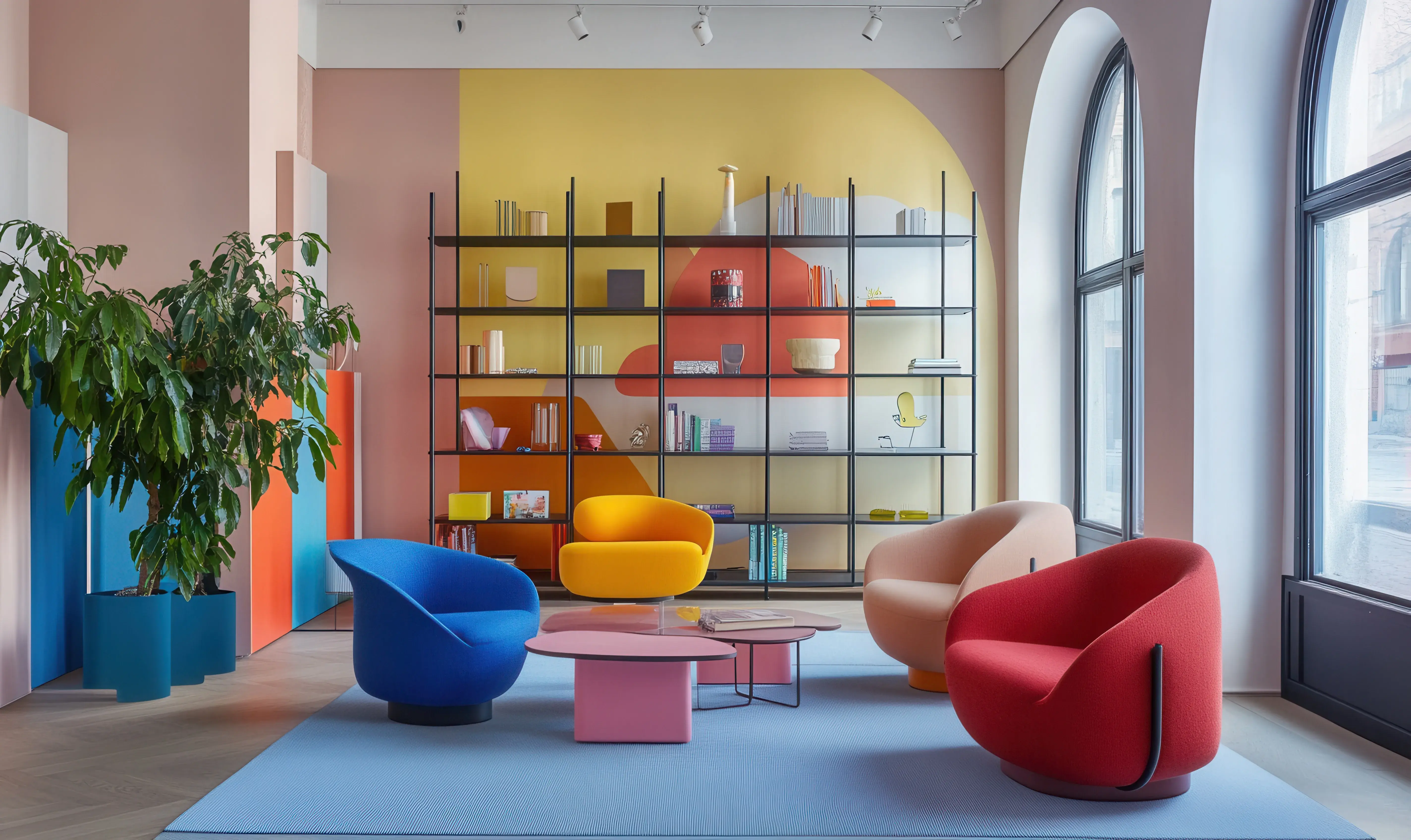 Salon w stylu nowoczesnym z różnymi kolorami na ścianach, jak różowy i żółty, niebieskim dywanem oraz dwoma różowymi stolikami na środku i 4 fotelami w różnych kolorach. 