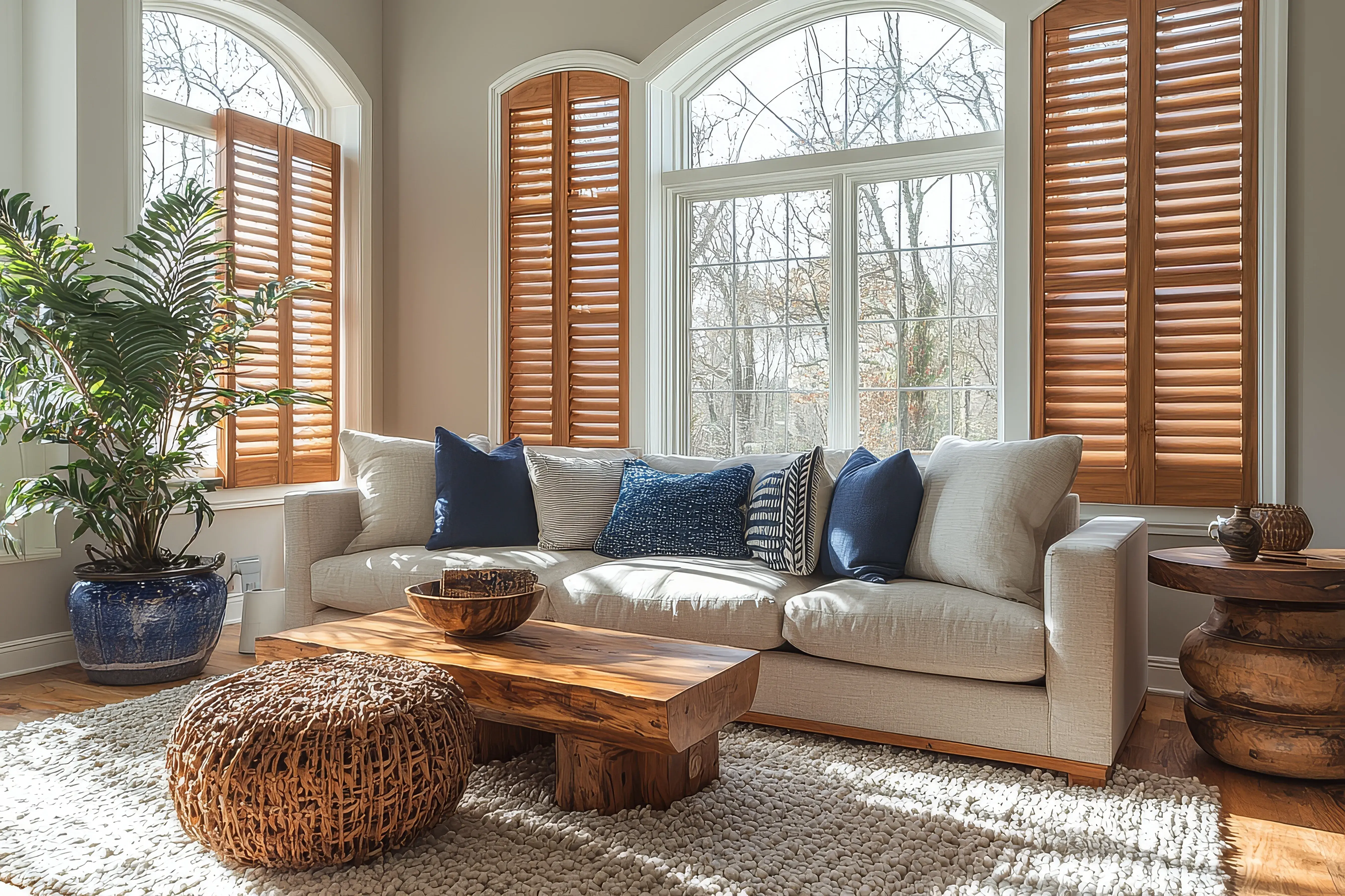 Salon w stylu skandynawskim z drewnianymi, brązowymi okiennicami, drewnianym stołem i szarą dużą kanapą z niebieskimi poduszkami. 