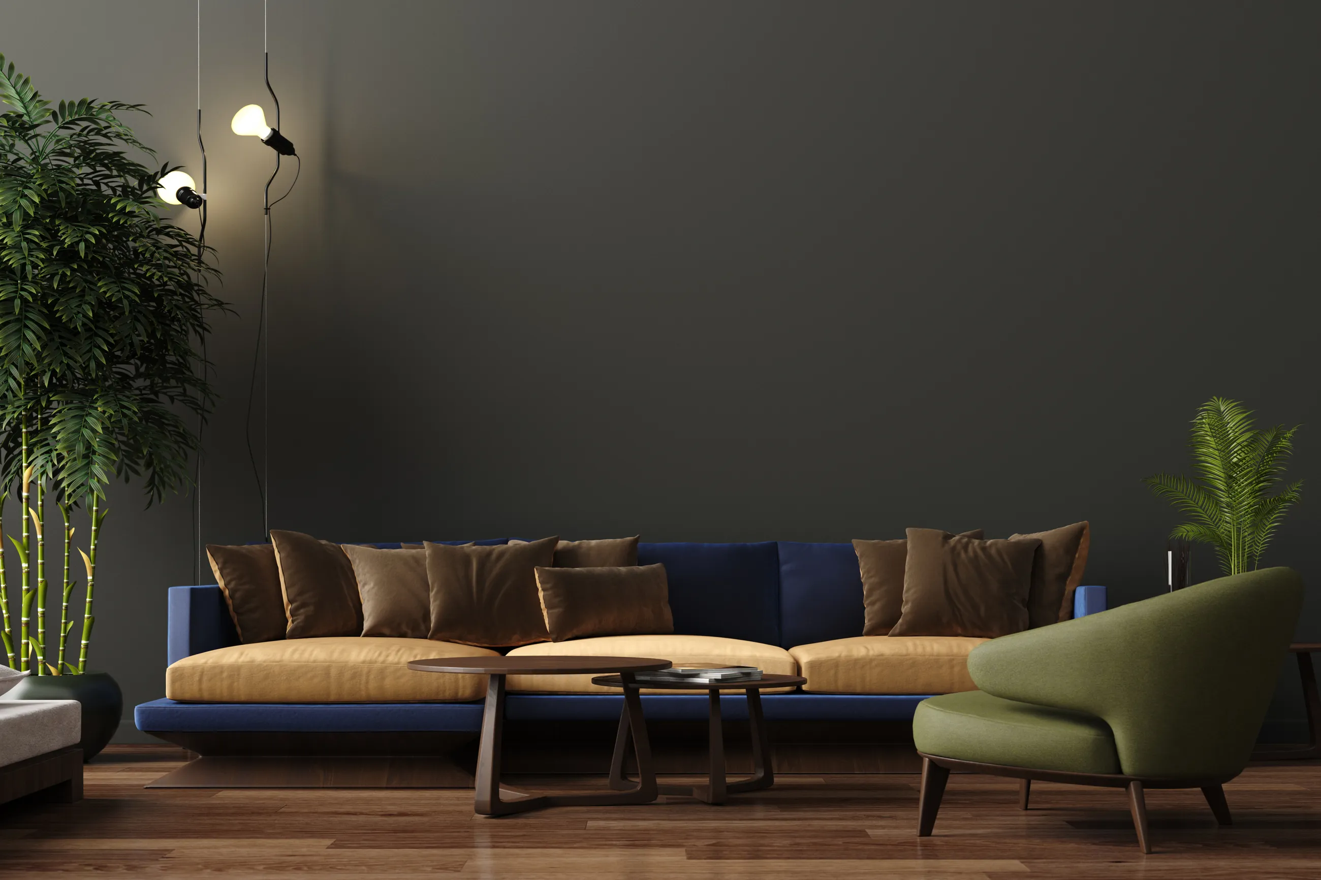 Salon skandynawski w kolorze szarym, z kanapą z poduszkami i małym, brązowym stolikiem.