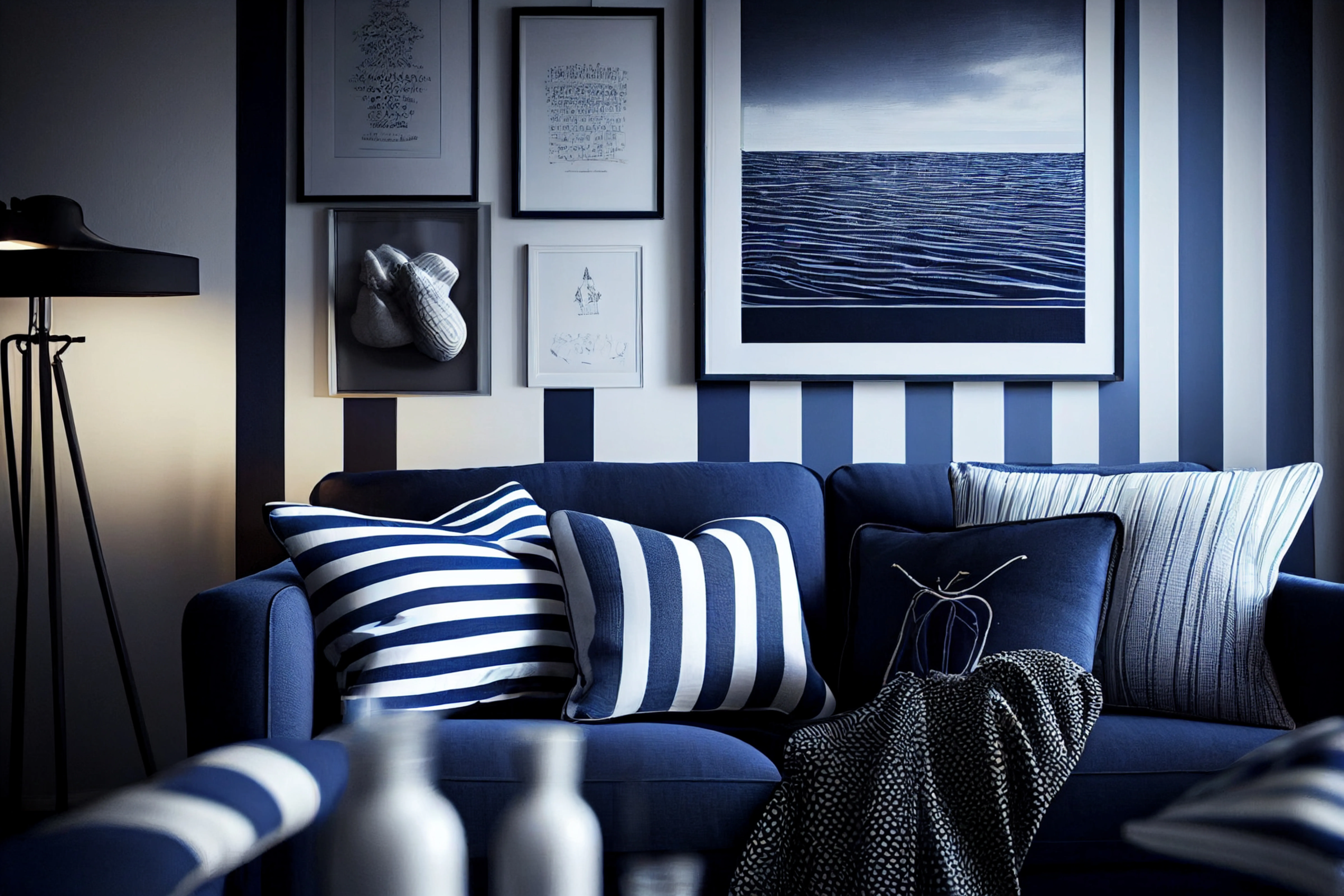 Salon w stylu marynistycznym w biało-niebieskie pasy i z niebieską kanapą z poduszkami. 