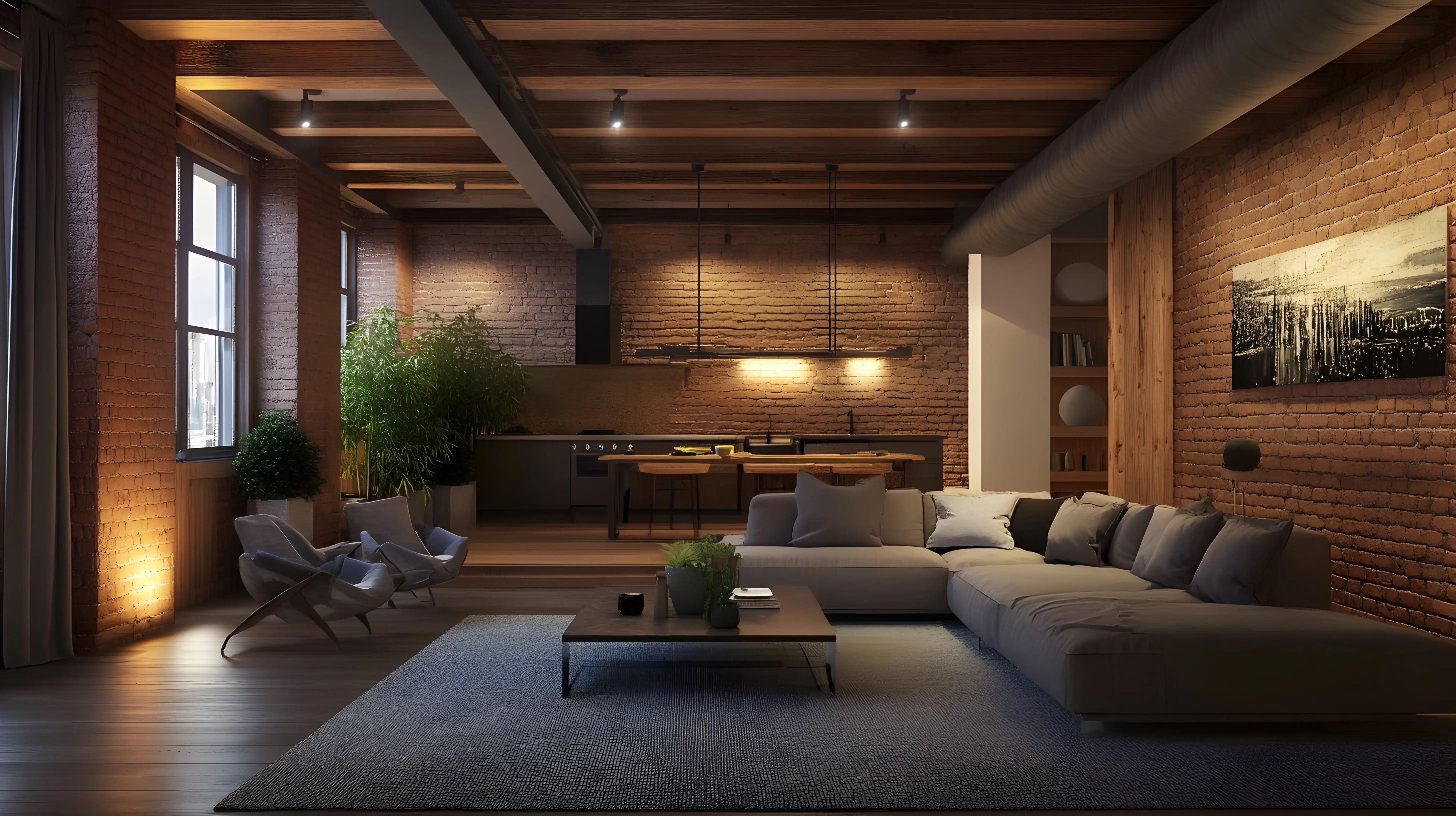 Salon połączony z kuchnią w stylu soft loft z ceglanymi ścianami, dużą szarą kanapą, małym stołem w centrum, a z tyłu pokoju szafki z blatem roboczym. 